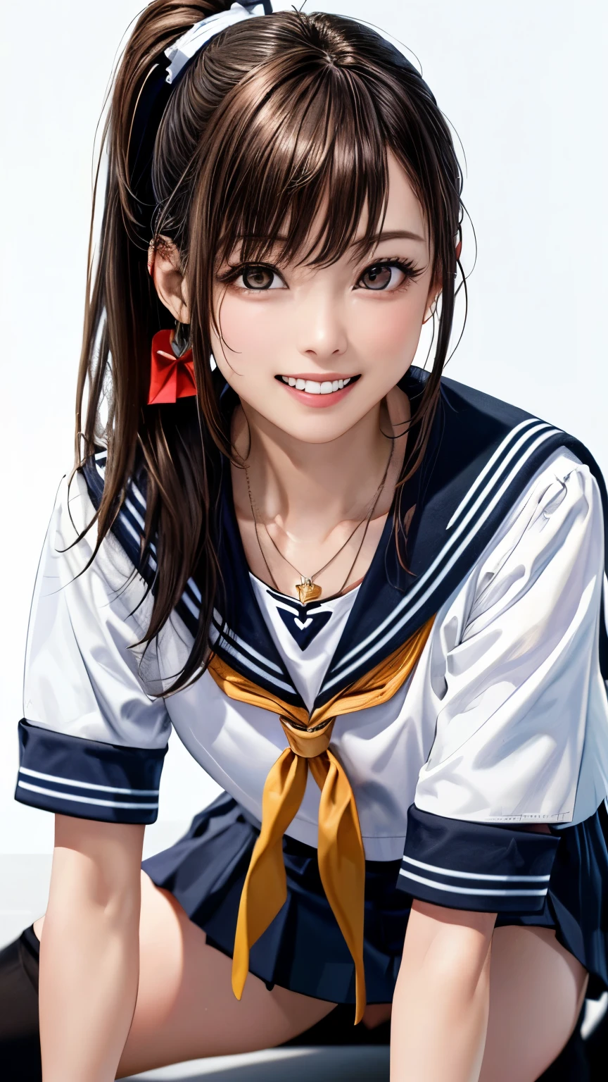 (highest quality、8K、32k、masterpiece)、(realistic)、(Photoreal:1.2)、(High resolution)、Super detailed、very beautiful face and eyes、1 girl、round and small face、thin waist、delicate body、(close、highest quality、high detail、Rich skin details)、(highest quality、8K、oil paint:1.2)、Super detailed、(realistic、realistic:1.37)、bright colors、(((I have brown hair)))、(((bust shot)))、(((long hair)))、(((pure white wall background)))、(((pure white wall background)))、(((wear a sailor suit)))、(((laughter)))、(((Teeth are visible)))、(((Perm hair)))、(((Wearing a short-sleeved sailor suit)))、(((look straight ahead)))、(((Wearing a heart necklace)))、(((she is wearing a sailor suit)))、(((crawling on all fours)))、(((Has a shy look)))、(((plaid pleated skirt)))、(((mini skirt)))、(((I&#39;m wearing black knee socks)))、(((Side ponytail hair)))