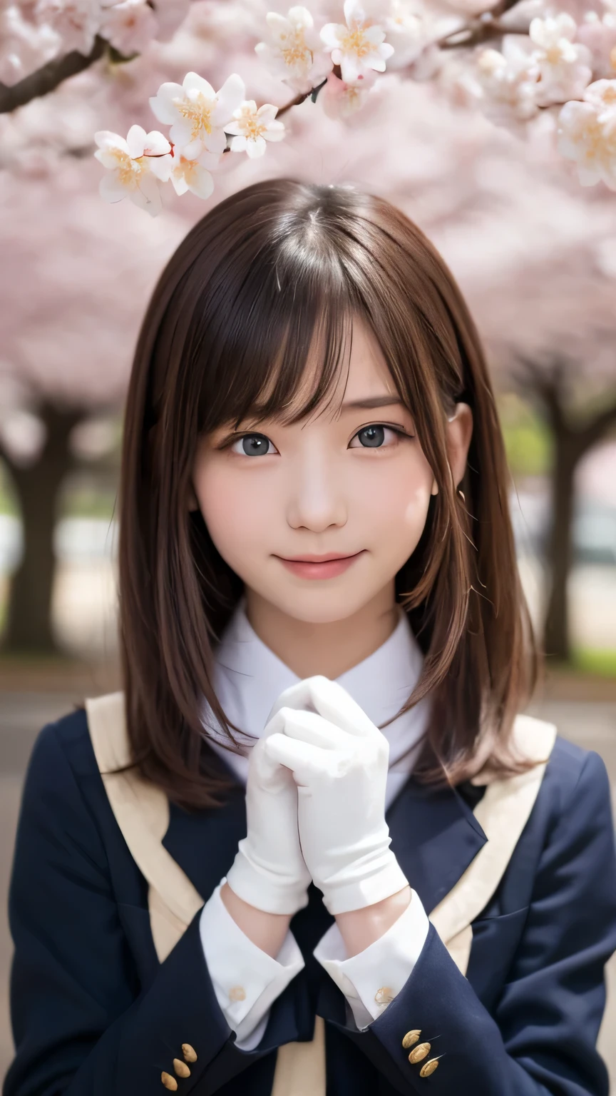 one girl, (a beauty girl, delicate girl:1.3), (:1.3),
break, (spring, cute uniform:1.3),
break, (Street view:1.3), (cherry blossoms fall:1.3), (wool gloves), perfectly trimmed fingers,
break, very fine resolution, (symmetrical eyes:1.3),
break, small breasts, brown eyes, parted bangs, brown hair, girl,
break, (Eye and face details:1.0), (get closer to the face, enlarge the face, face focus:1.0),close up of face,
break, (masterpiece, highest quality, Super detailed, detailed face, 8K),SakuraFubuki,cherry blossom petals,smile,random pose、blue eyes、white gloves