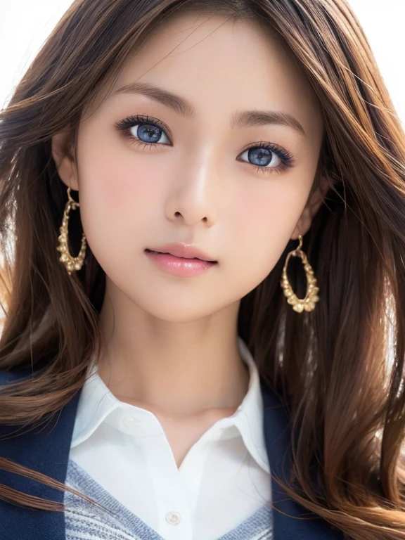 (table top:1.4, Photoreal:1.4, 8K), highest quality, masterpiece, ultra high resolution, perfect dynamic composition, big face、round face、((light brown hair:1.4、long curly hair,half up))、Highly detailed skin and facial textures:1.3, Detail of limbs, 1 girl, Cute sexy 22 year old woman, (tanned skin:1.2), tilt one&#39;s head, ((completely enchants you:0.9)), ((school uniform、chuck pattern mini skirt)),Medium chest, (look away、beautiful eyes, blue eyes、Eyes that feel beautiful eros:0.85), sexy face:0.4, (closed mouth、small mouth、thick lips、A taste of beautiful eroticism:0.85), ((Too cute beauty:0.9))、gal makeup、((extreme close up))