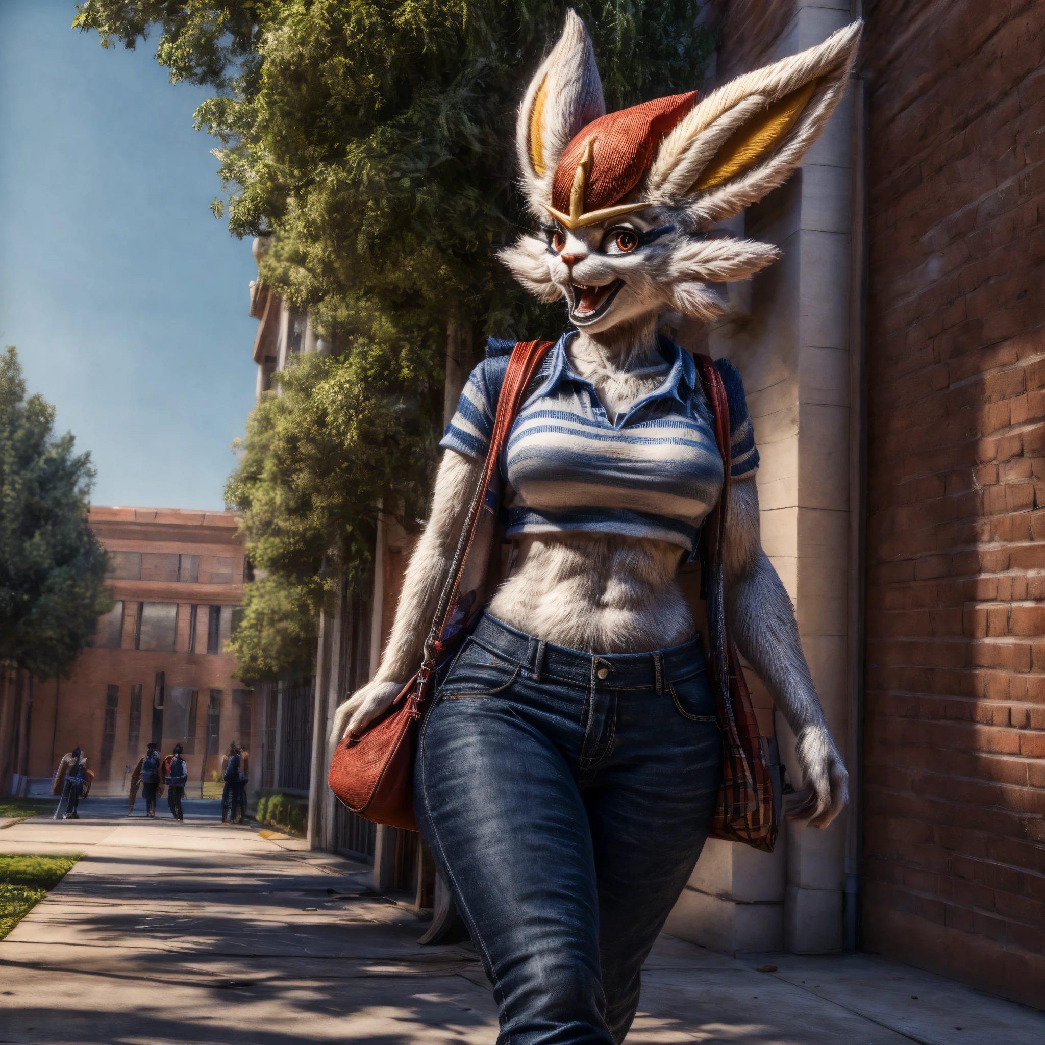 (best quality,4k,8k,highres,masterpiece:1.2),ultra-detailed, Cinderace as a College Girl walking around college campus, strutting her stuff, Smiling and laughing, Flirting with the viewer, Pokémon, Pokémon (game), game freak, nintendo, pokeball purse, HDR, 8k, absurdres, cinestill 800, sharp focus, add_detail:3 (solo woman) kiki_minaj