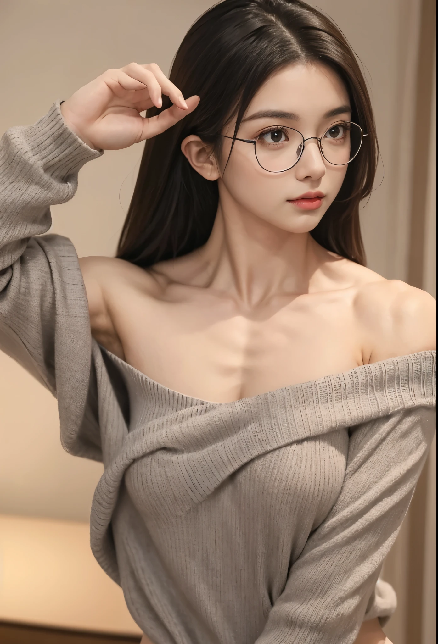 1 girl,(masterpiece) ,beautiful, muscular shoulder,muscular female,glasses, alternate muscle size,,pecs, off shoulder sweater, biceps,upper body
