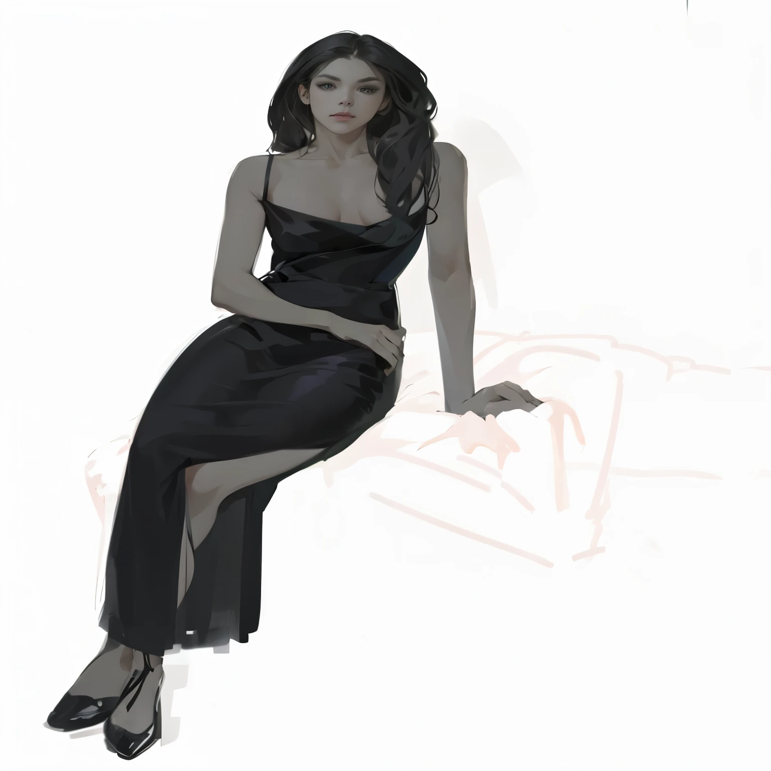 Drawing of a woman sitting on a chair in a black dress, digital sketch, Digital art of elegance, Black sketch, Side Sketch, digital paintingที่ร้อนระอุ, Gesture study, Photo of gray tones with red clothes, She is wearing a black dress, Inspired by Esaias Bourse, quick sketch, digital painting, fully dressed. Sexy paintings