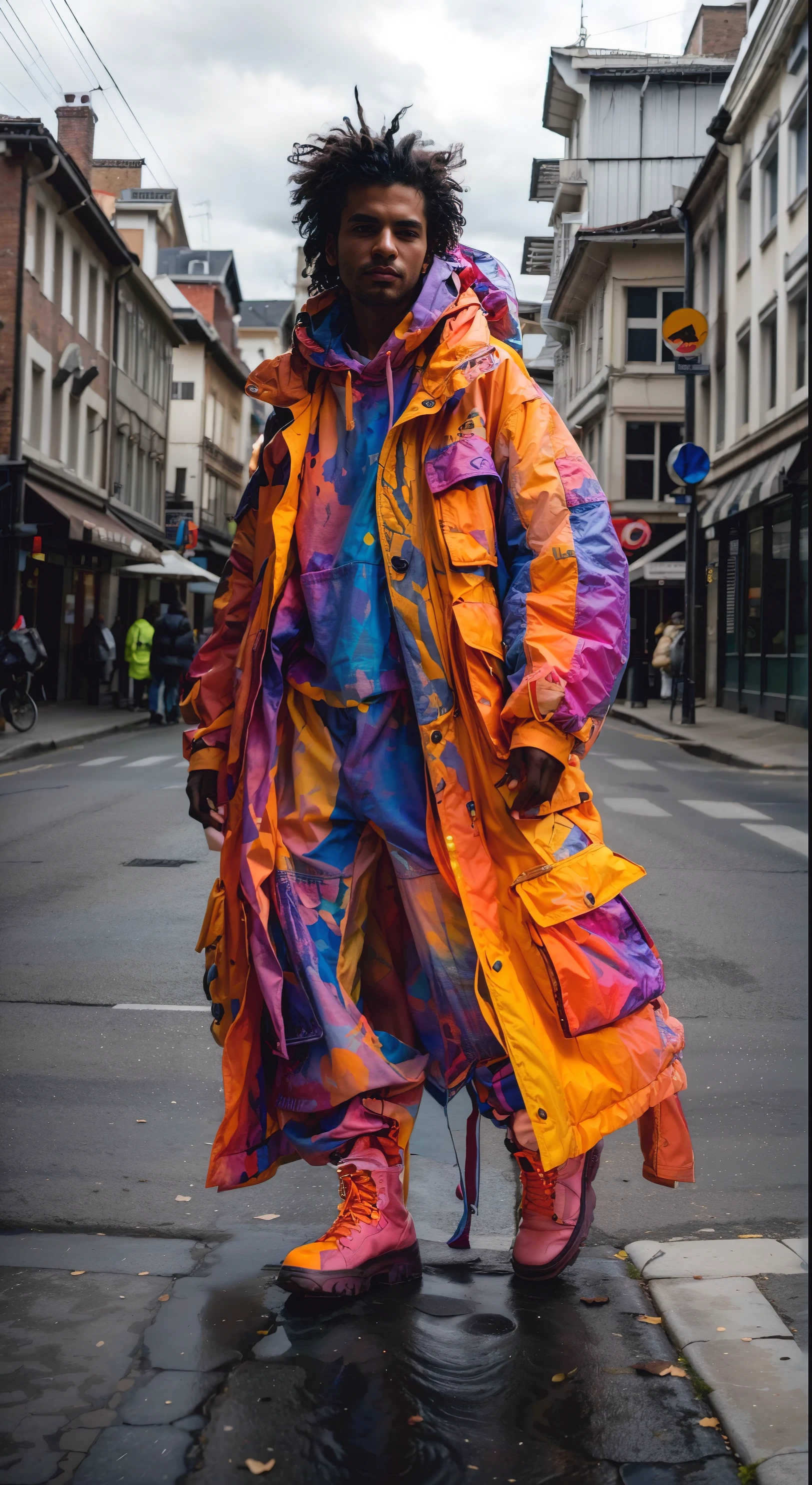 arafed man in colorful clothing and boots, (standing in a city), coat for a rave, Fashion model wearing colorful pastel outfits, layered outfits, loose outerwear, posing as if walking, taken in city background, ((best quality)), ((masterpiece)), (detailed), perfect face, realistic