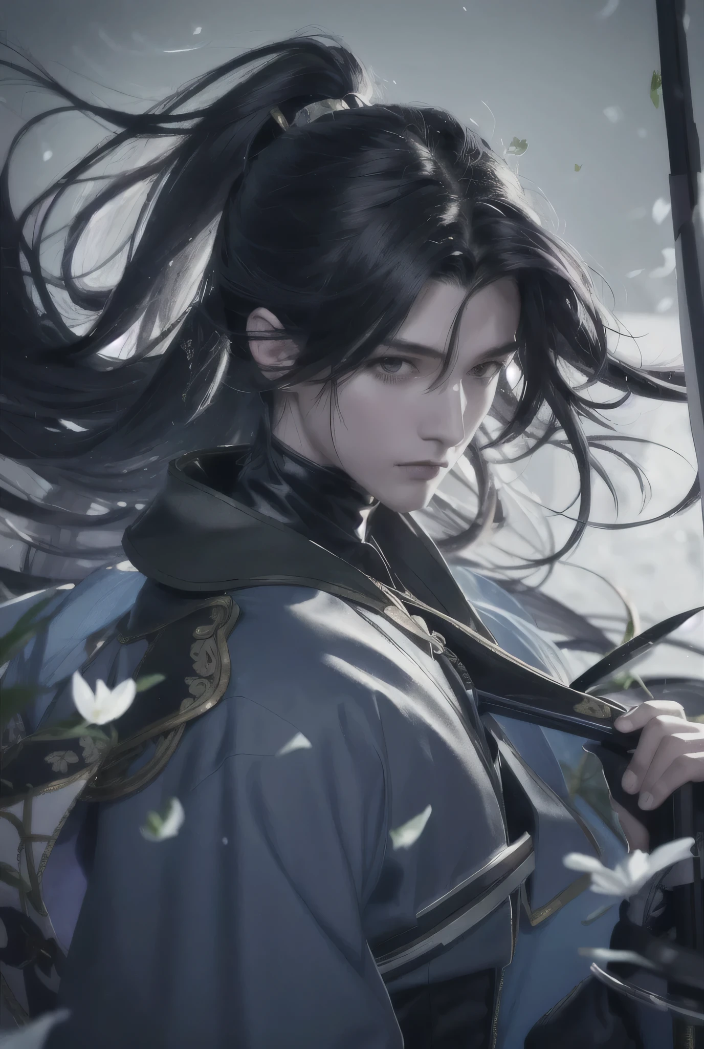 Blue purple style, blue-purple long hair, Flowing ponytail, fly, Scabbard on the back, messy hair, Broken hair, long hair, Chivalry, Very beautiful cyberpunk digital artwork, male focus, Handsome, Heroism, Beautiful people, Wearing a blue and white kimono, Carrying a long sword on his shoulder, Knightly style, High quality detail depiction, Blurred background and soft lighting, Shot from the center side, Center side view, Patterned Ornaments and Ornaments, broken flowers and fly, Thick fog surrounds, The changes in light and shadow are extremely delicate. Anime style 4K wallpaper.