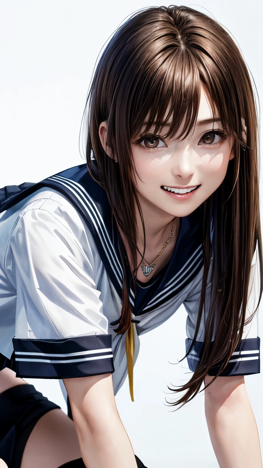 (highest quality、8K、32k、masterpiece)、(realistic)、(Photoreal:1.2)、(High resolution)、Super detailed、very beautiful face and eyes、1 girl、round and small face、thin waist、delicate body、(close、highest quality、high detail、Rich skin details)、(highest quality、8K、oil paint:1.2)、Super detailed、(realistic、realistic:1.37)、bright colors、(((I have brown hair)))、(((bust shot)))、(((long hair)))、(((pure white wall background)))、(((pure white wall background)))、(((wear a sailor suit)))、(((laughter)))、(((Teeth are visible)))、(((Perm hair)))、(((Wearing a short-sleeved sailor suit)))、(((look straight ahead)))、(((Wearing a heart necklace)))、(((she is wearing a sailor suit)))、(((crawling on all fours)))、(((Has a shy look)))、(((plaid pleated skirt)))、(((mini skirt)))、(((I'm wearing black knee socks)))、(((I have brown hair)))