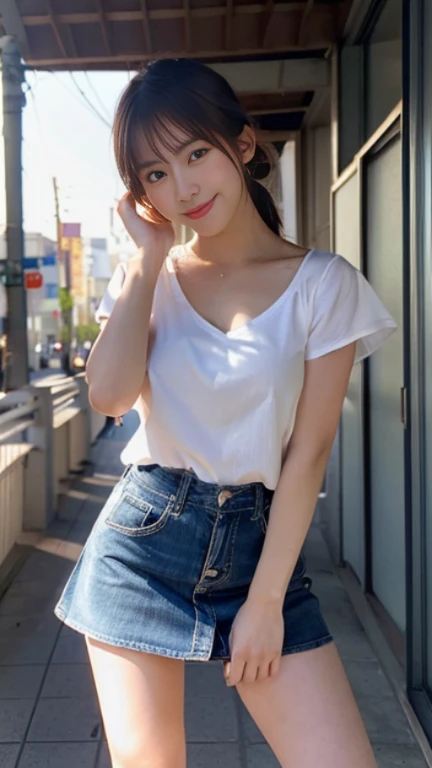 (8k,RAW photo、RAW photo、highest quality、master masterpiece:1.2)、1girl、1middle aged male、Super detailed、super resolution、(Photoreal:1.3)、((Shoot from below)),((cowboy shot:1.4))、Clearly depicts the shadows of light、High resolution RAW color photos、professional photos、(((Inside the store:1.4)))、I draw it faithfully to the anatomy...、very detailed and beautiful、super high quality、((extremely short hairstyles:1.4))、((貴金属Inside the storeのショーケースの前に立っているgirl:1.4))、((White collar short sleeve off shoulder shirt:1.4))、((white short sleeve off shoulder cotton shirt:1.4))、((Denim skirt that highlights your thighs:1.4))、Upper body、((ポシェットを肩に掛けているgirl:1.4))、((smile:1.4))、