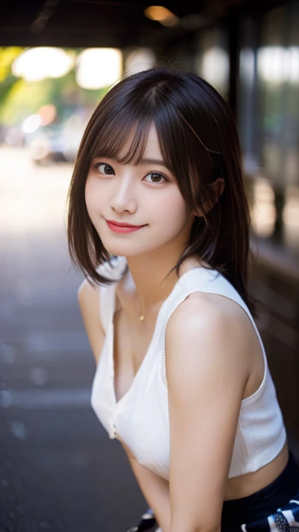 (highest quality,masterpiece:1.3,ultra high resolution),(Super detailed,caustics,8K),(realistic:1.4,RAW shooting),1 girl,(smile and look down at the camera),(front shot:1.1),(look forward),25 years old,cute,Japanese,glamorous,(small tits),( close),(chest focus),street,sunlight,Natural light,(Backlight),(A bright light shines from behind),(Lens flare),professional writing,(cowboy shot),(low position:1.3),(Low - Angle:1.3),mini skirt,trendy fashion,full body shot