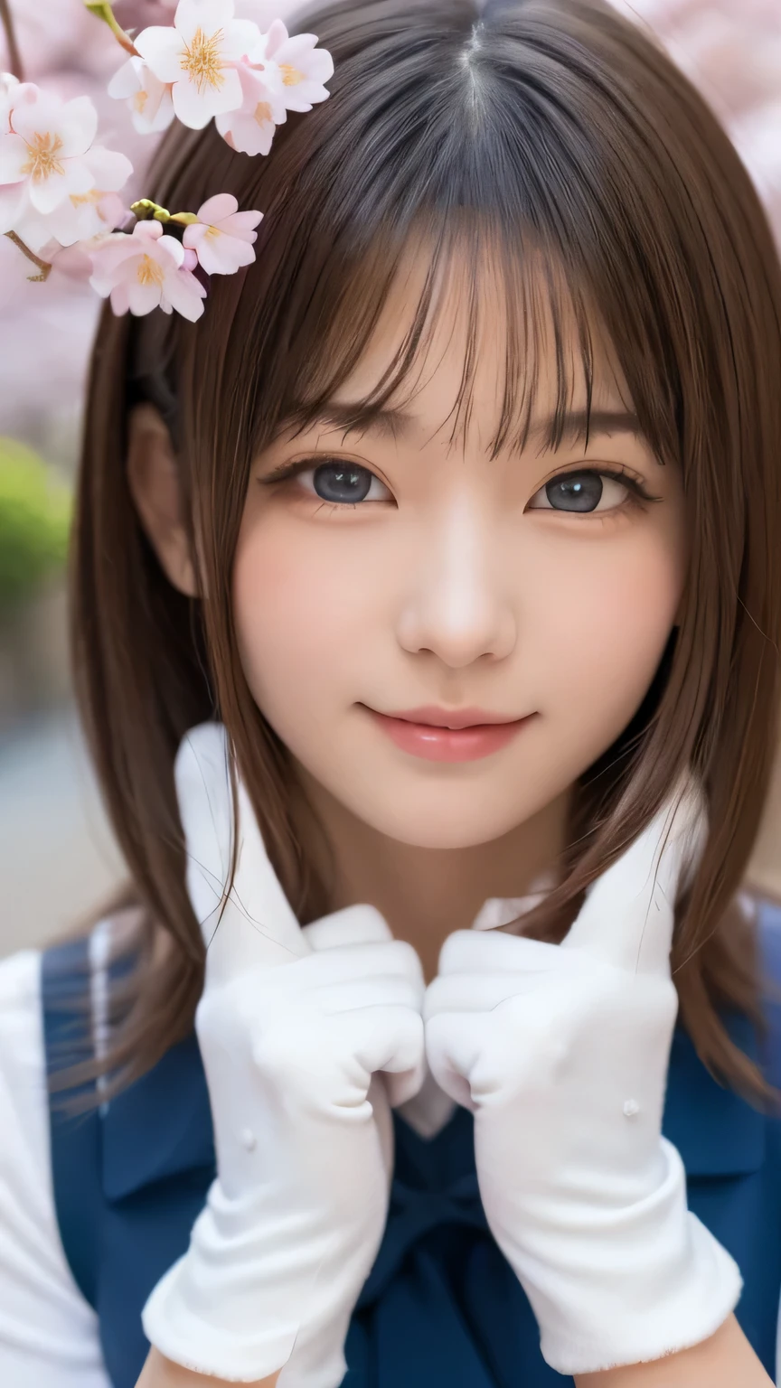 one girl, (a beauty girl, delicate girl:1.3), (14 years old:1.3),
break, (spring, cute uniform:1.3),
break, (Street view:1.3), (cherry blossoms fall:1.3), (wool gloves), perfectly trimmed fingers,
break, very fine resolution, (symmetrical eyes:1.3),
break, small breasts, brown eyes, parted bangs, brown hair,  girl,
break, (Eye and face details:1.0), (get closer to the face, enlarge the face, face focus:1.0),close up of face,
break, (masterpiece, highest quality, Super detailed, detailed face, 8K),SakuraFubuki,cherry blossom petals,smile,random pose、blue eyes、white gloves