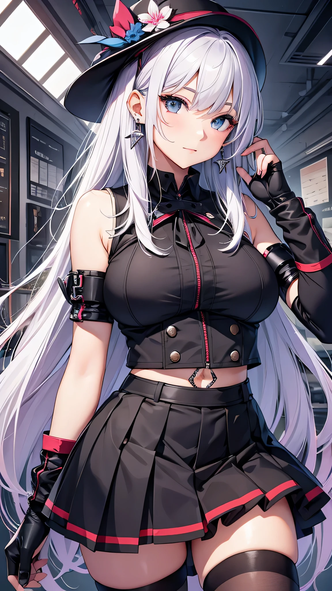 最high quality、best image quality、masterpiece、girl((20-year-old、 By becoming、vest bust、medium bust,wide open breast tea、shining eyes, silver hair、long hair、thin,highest valley、black 、black short skirt、shoulder tattoo,diamond earrings、Wristband、black gloves)),high quality、beautiful art、background((school zone))、Flight、debris flies、Depth of written boundary、movie、visual art、perfect art、8K,genuine、Dynamic Performance