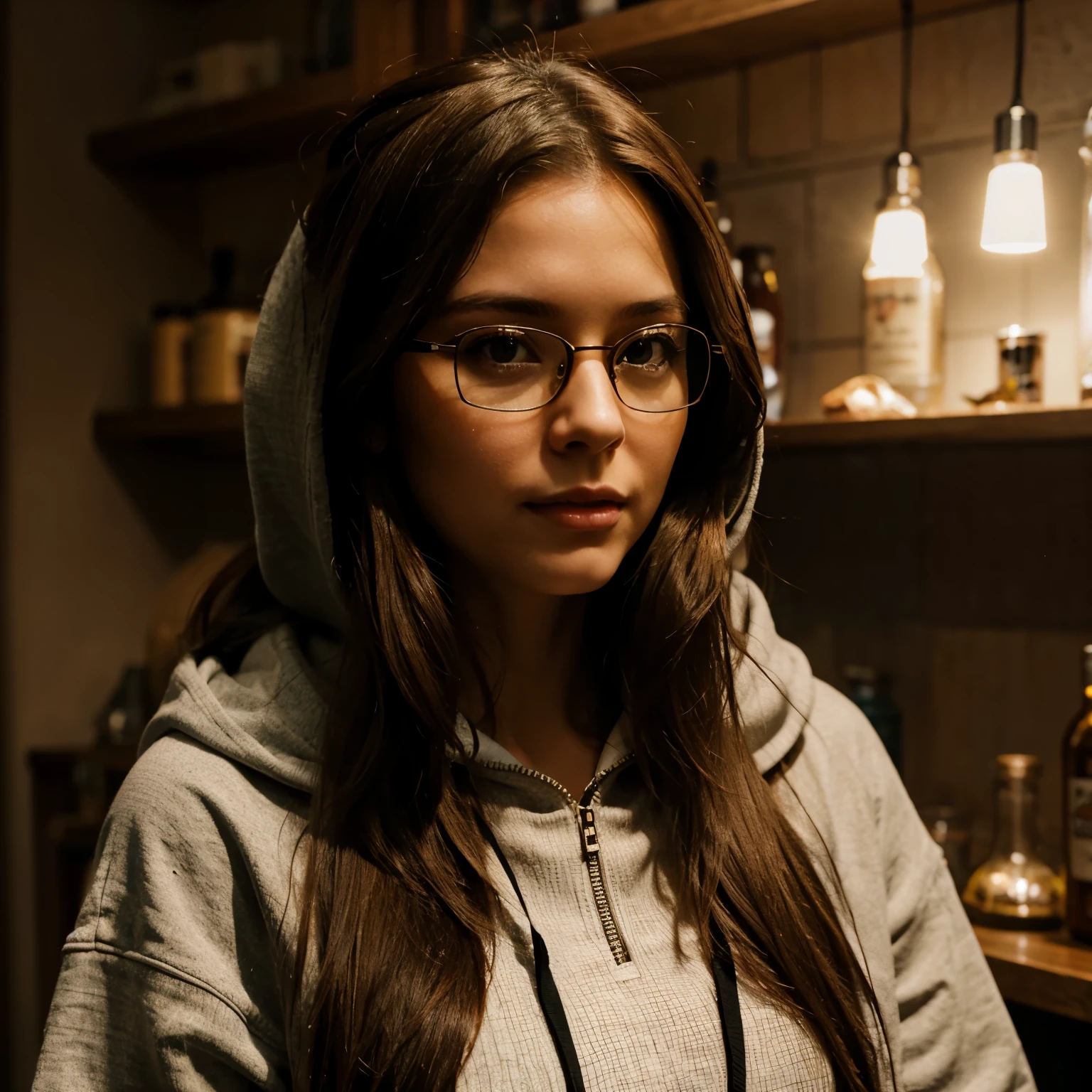 Woman long brown hair, eyeglass , hood