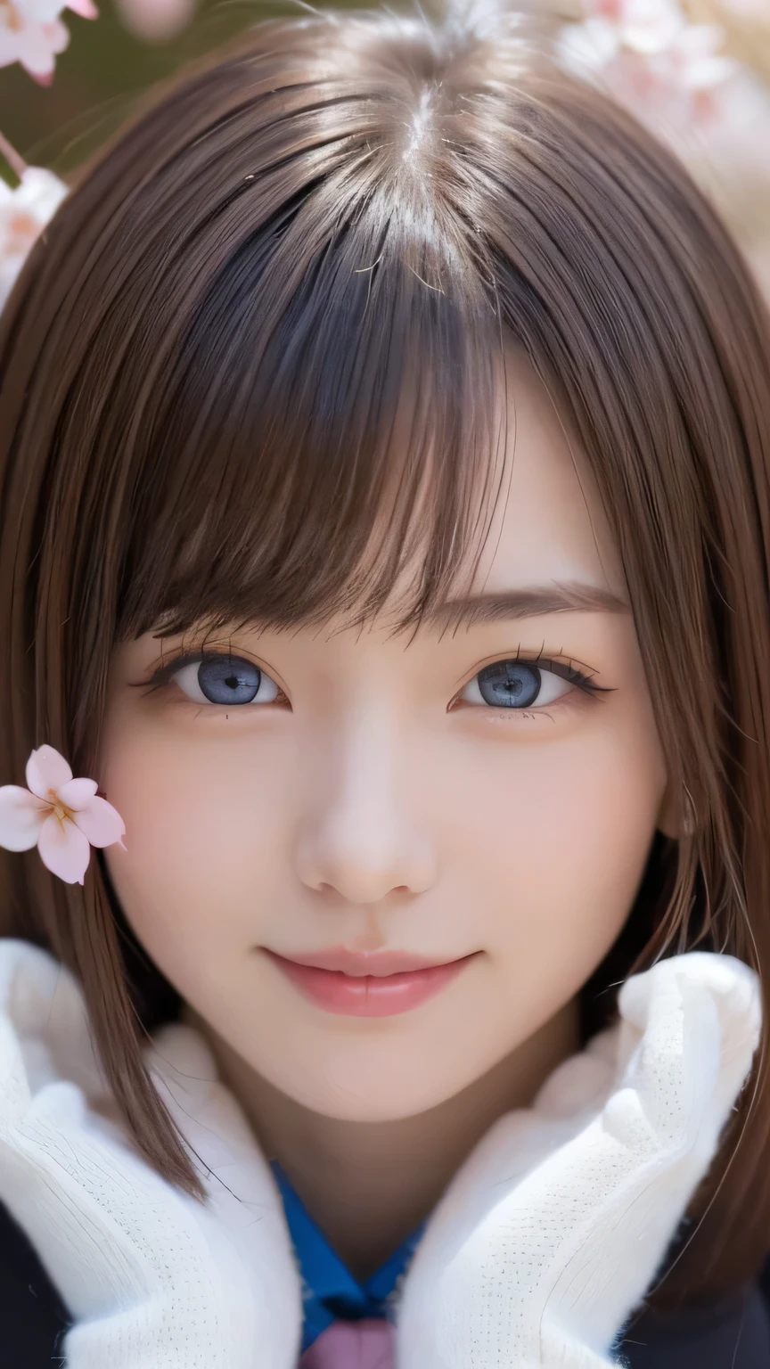 one girl, (a beauty girl, delicate girl:1.3), (14 years old:1.3),
break, (spring, cute uniform:1.3),
break, (Street view:1.3), (cherry blossoms fall:1.3), (wool gloves), perfectly trimmed fingers,
break, very fine resolution, (symmetrical eyes:1.3),
break, small breasts, brown eyes, parted bangs, brown hair,  girl,
break, (Eye and face details:1.0), (get closer to the face, enlarge the face, face focus:1.0),close up of face,
break, (masterpiece, highest quality, Super detailed, detailed face, 8K),SakuraFubuki,cherry blossom petals,smile,random pose、blue eyes、white gloves
