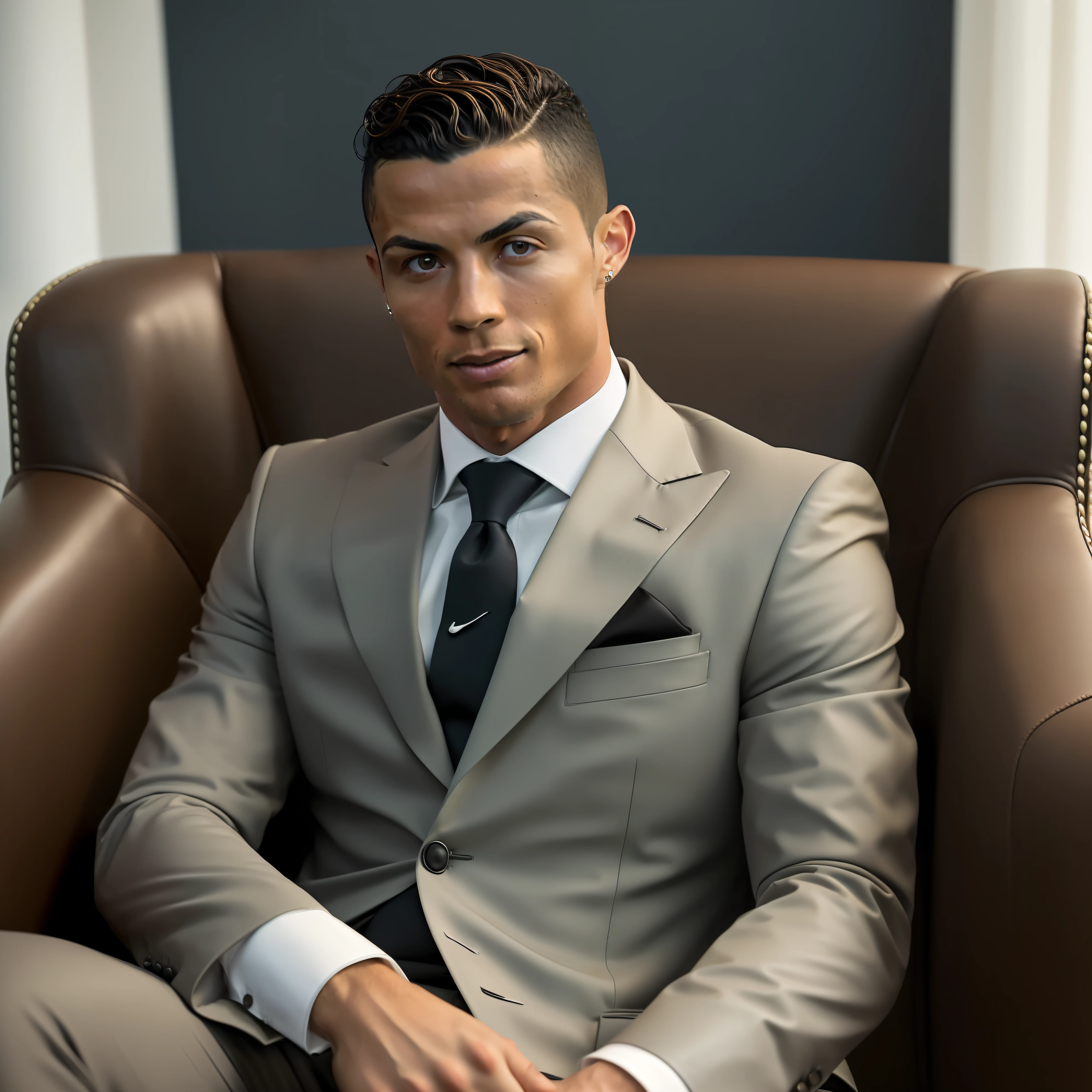 A professional photograph of Cristiano Ronaldo sitting in a dark brown leather armchair, wearing an elegant well-fitting black suit. He stares at the camera, a determined, confident expression on his face. The focus is on Ronaldo's face, highlighting his piercing eyes, his sculpted features and his meticulously trimmed beard. The surrounding environment is minimalist, with white walls and soft lighting that emphasizes detail. Photography, prime 50mm lens, --air 16:9 --v 5