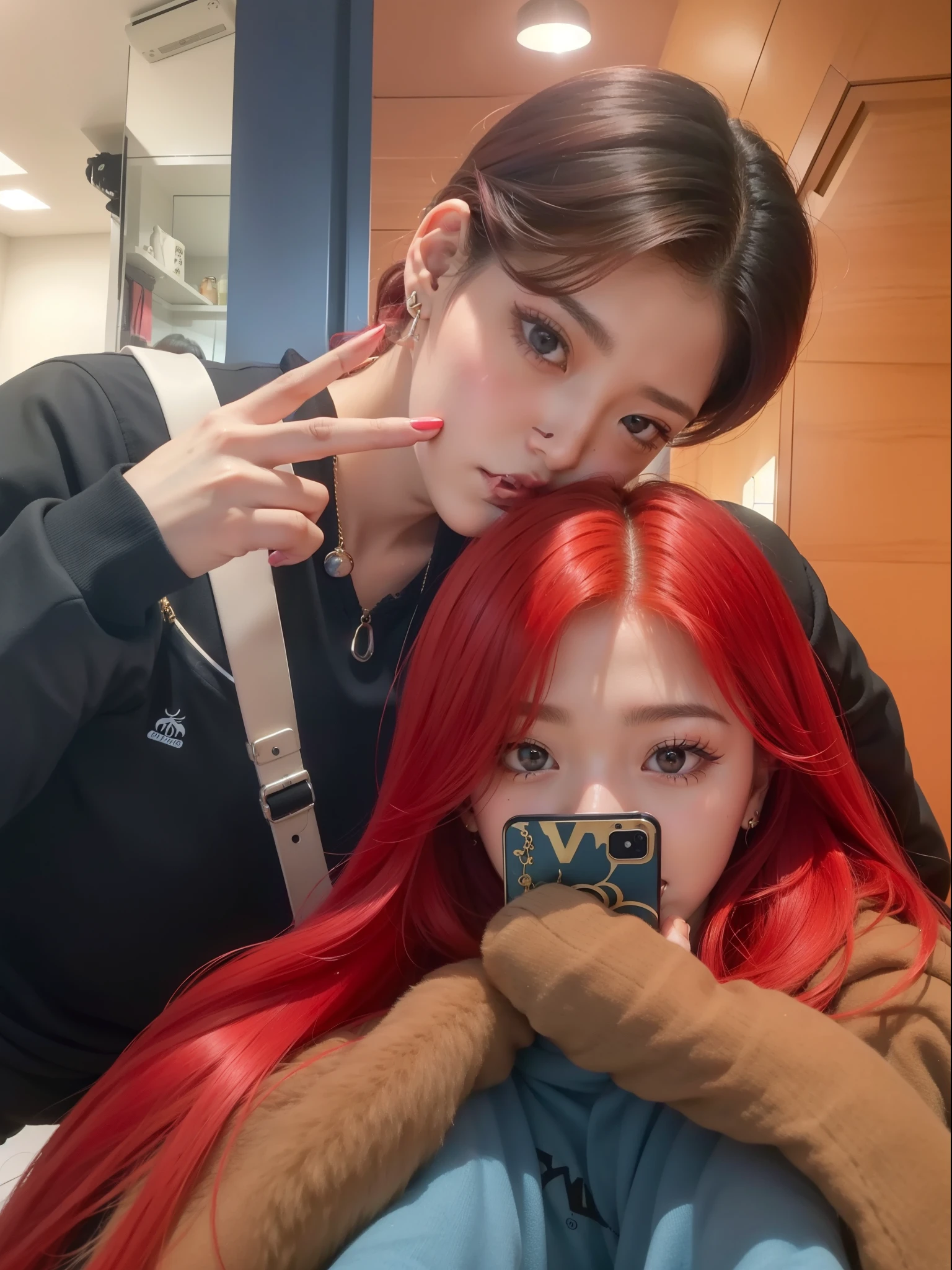 araffe and a woman Con cabello rojo are taking a selfie, con el pelo largo y rojo, ella tiene el pelo largo color naranja, dyed red hair, 😭🤮 💔, Con cabello rojo, kim doyoung, peluca roja, ulzzang, demasiado rojo, con pelo rojo rizado, tinte de pelo, jinyoung shin, jossi de blackpink, color rojo, pelo rojo brillante