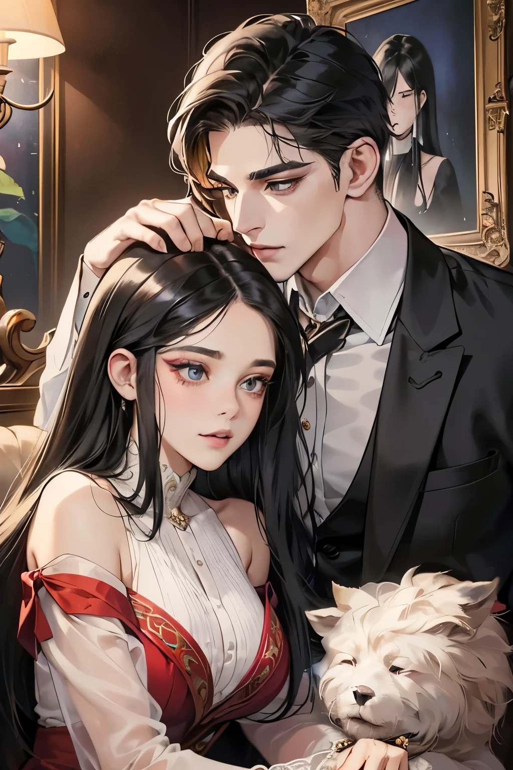 (table top, digital art, digital illustration, 4k, 8k, very detailed, beautiful picture, Sharp picture, realistic, raw photos, perfect face, perfect lines, perfect eyes, soft light) 1 woman, (long black hair,have straight hair,Bullish stare,Beauty,woman in suit,Hard makeup,23 is a novel,Big tits:1.7),secretary, Two handsome men in suits, (human,man in suit,have good muscles,broad, stable shoulders,adult male,children's hairstyles,English gentleman style,A man in his 30s with a cool demeanor,A 28-year-old man smiles brightly.:1.2),office scene at night,antique furniture,antique clamp,antique chair,Chandeliers,party、lover、couple kissing、kiss、the kiss、romantic、((Portrait of a 28 year old handsome man)) Four men, very handsome, different hair colors.