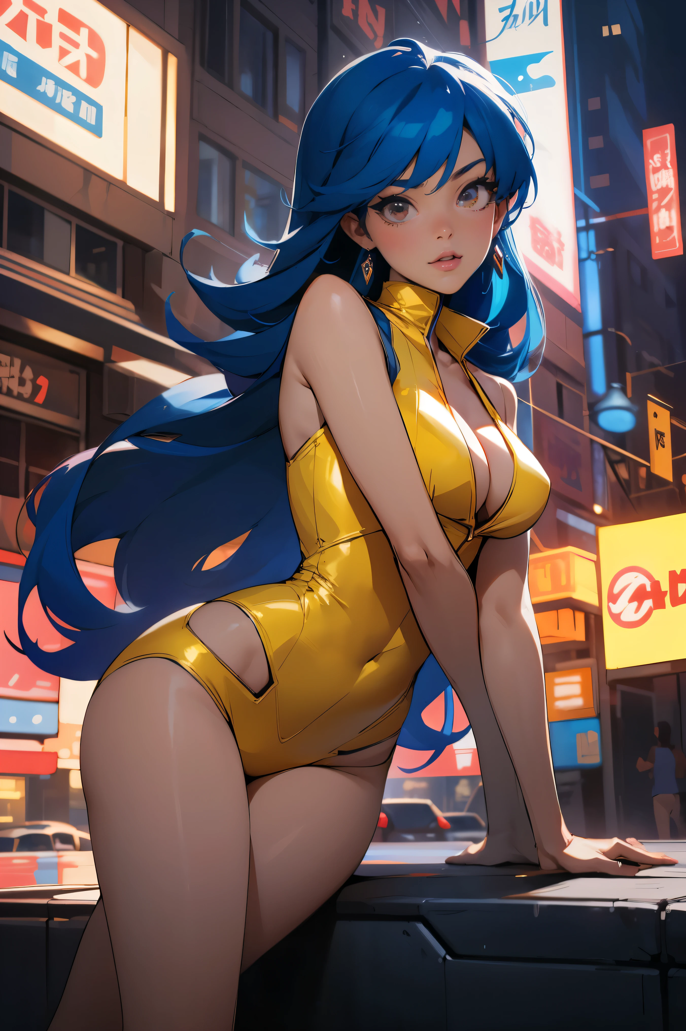 (best quality:1.2,highres,ultra-detailed), detailed face and body of Yuri from The Dirty Pair, stunning Asian beauty, expressive brown eyes, luscious lips, long flowing blue hair, (skimpy yellow outfit), (revealing cleavage), confident and sexy pose, (cyberpunk-inspired city background), neon lights illuminating the scene, vibrant colors, (futuristic and edgy atmosphere), stylish and sleek architecture, dynamic angles and composition, (sci-fi and anime fusion), perfect beauty