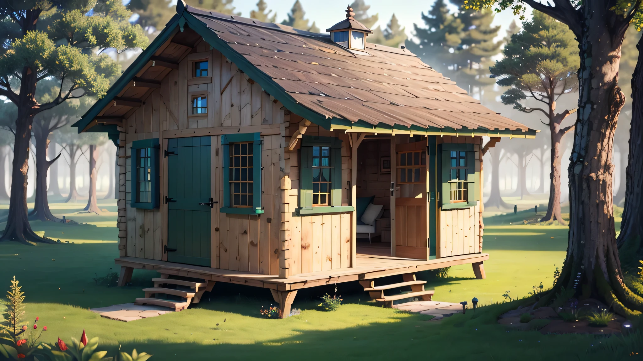 ((best quality)), ((masterpiece)), (detailed), in the forest, grass, wooden hut