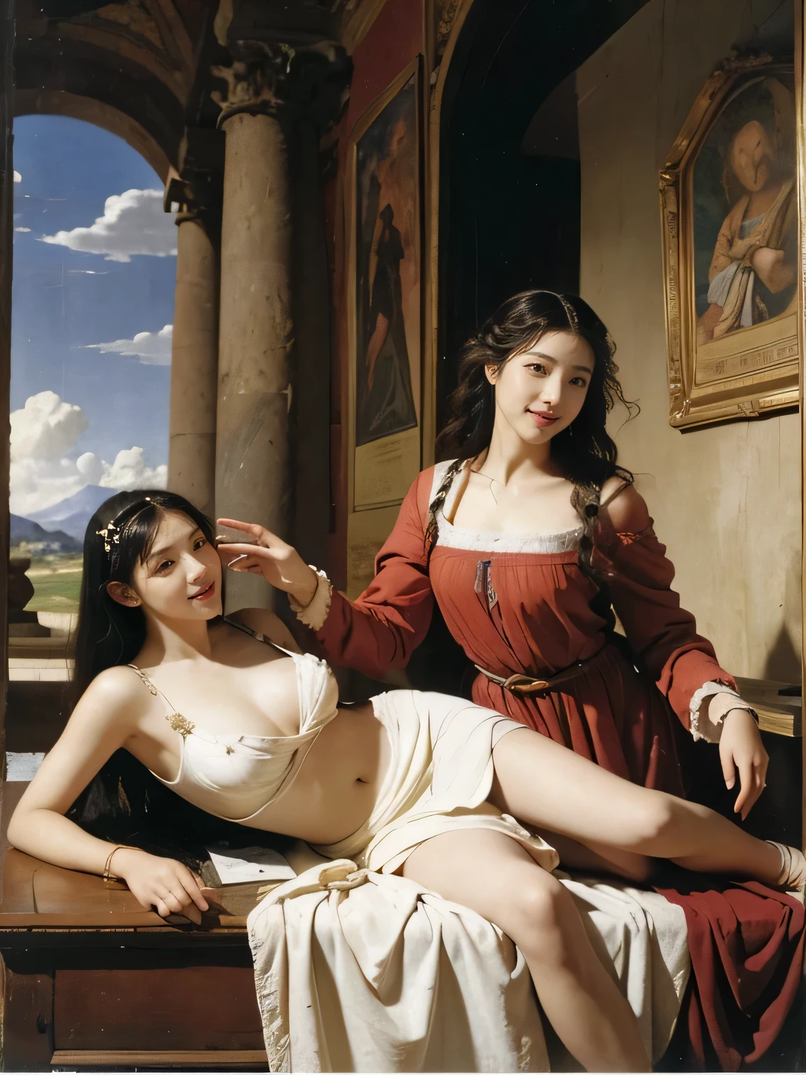 Giorgione painting style,Arguments of two female Philosophe,math、astronomical machine、astronaut、roses in vase、fruits、Cute trinkets、smile、ancient greek costume、Ancient Roman landscape in the style of Nicolas Poussin,laughter,,Sweet and seductive appearance.、Caravaggio's paintings、Chiaroscuro of Caravaggio、hair tousled by the wind,Two women frolicking,cute smile, expression of ecstasy,Sexy,erotic