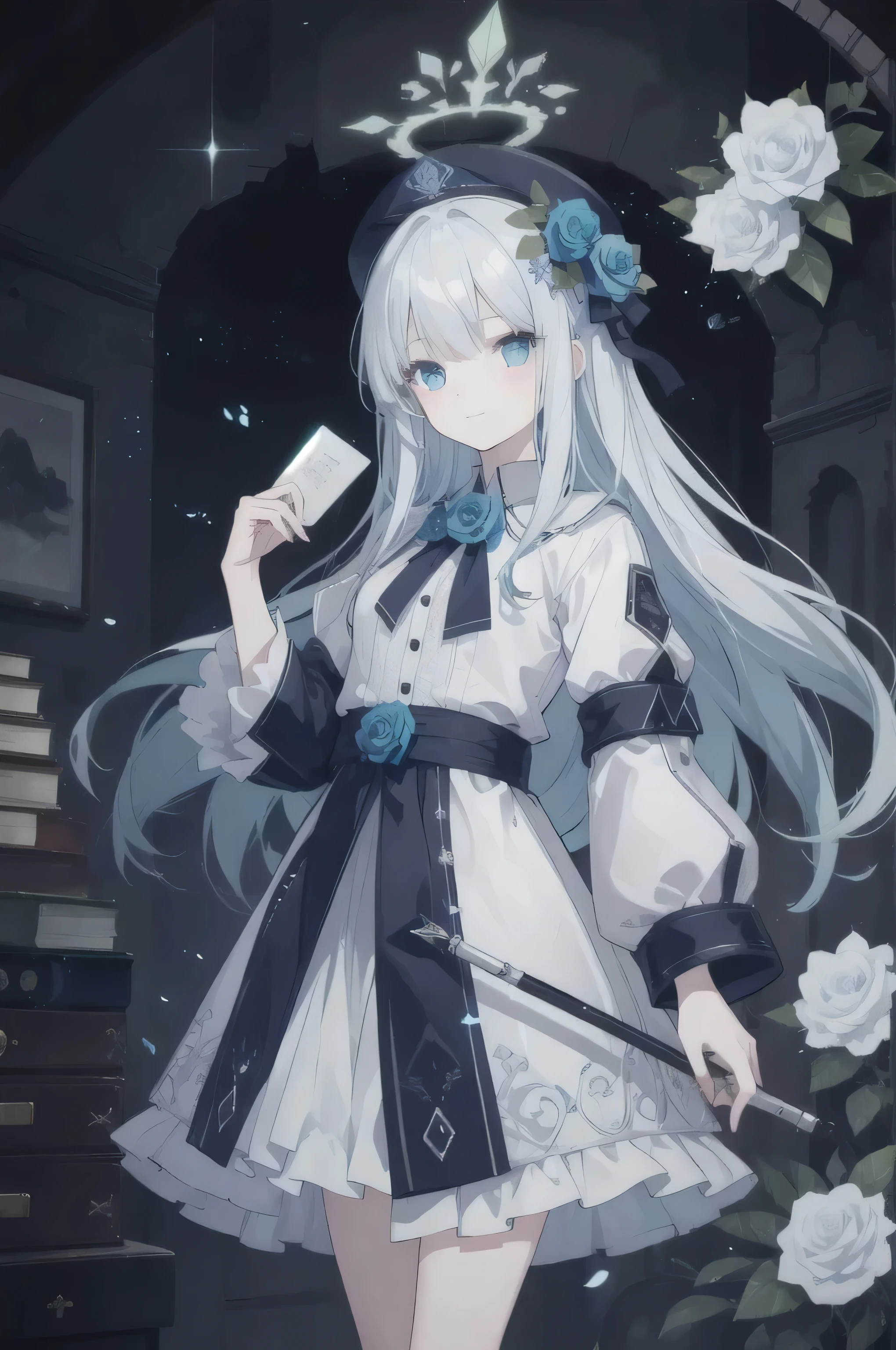 (long pure white hair:10),(light blue eyes:10),black coat,bare legs,gentle smile,(Dressed as a writer'hat:5),用鲜花装饰的hat,Dressed as a writer'clothes,Hold the pen,White Rose,There is a light green halo on the head,(The color of the halo is green:10),rose halo,rose halo,plant-like halo,Azure Profile,starry sky,ruins,hair flower,15 year old girl,emaciated,(A lot of books:10)