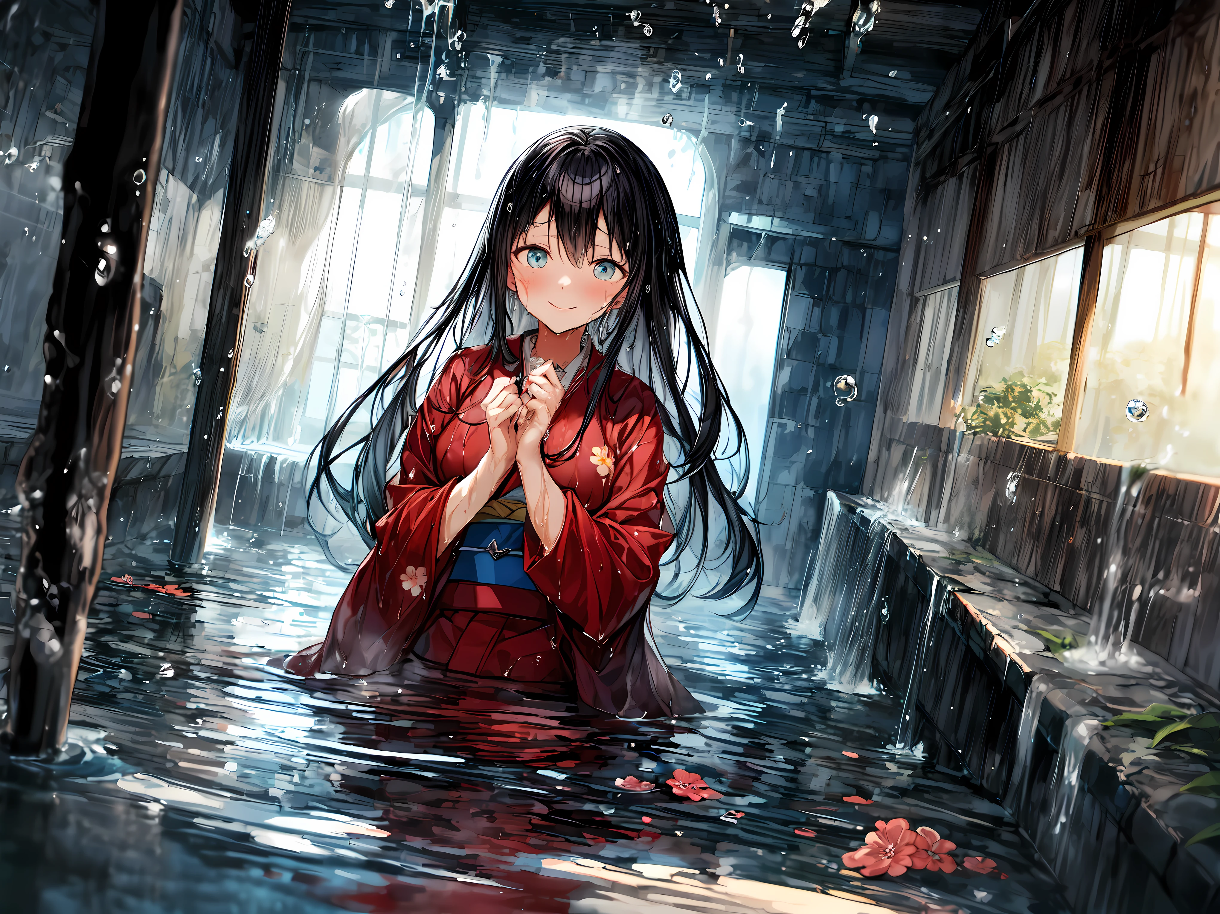 super quality, High resolution, intricate details, panoramic, Dutch Cape,
Anime little girl wearing (Flower kimono), cotton kimono, (red kimono:1.15), (Very big kimono, Yamato clothing sleeves, best cotton texture, Best Wrinkles on a Kimono), alone, whole body, beautiful eyes,
(Partially submerged:1.1),Part of the kimono in the water, (squirt, water column:1.1) (wet, very wet kimono, wet body, wet long black hair, wet kimono sleeve, wet kimono drees, wet skin:1.1), (clear mucus wrap, water droplets),
immerse in water, Poignant and poignant, Smiling in despair, smile in sadness, Keep your mouth shut,
(Beautiful and delicate water:1.1), (dark dungeon, 黑暗潮wet水牢, hermetic space:1.15), (a), dark light, light source,
(An atmosphere of despair:1.15), (water mist), Inspired by the manga of Itcho Hanaya, pixiv contest winners, Ukiyo-e, Ukiyo-e art style, Ukiyo-e style, Japanese art style, Japanese illustrator,