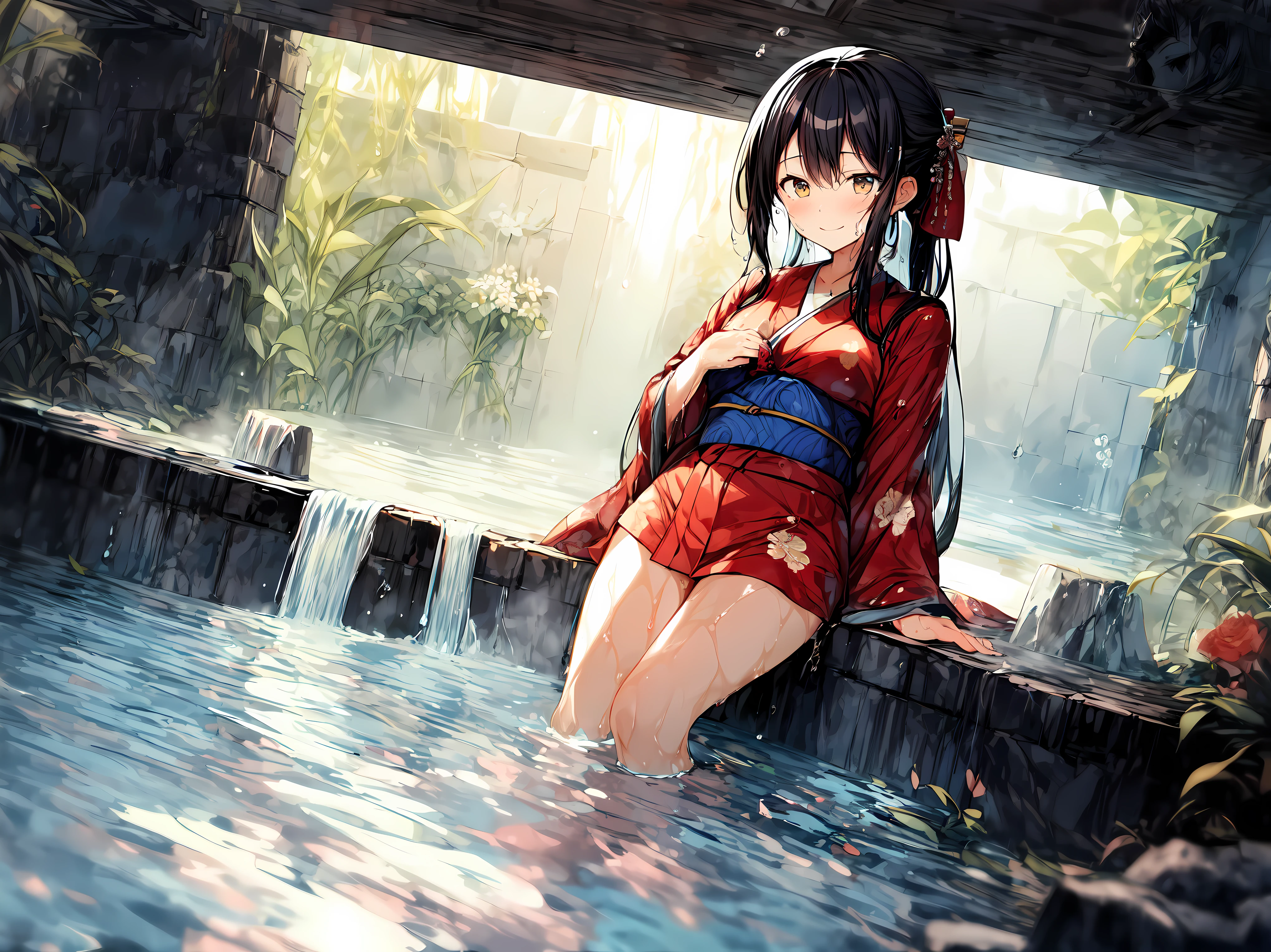 super quality, High resolution, intricate details, panoramic, Dutch Cape,
Anime girl wearing (Flower kimono), cotton kimono, (red kimono:1.15), (Very big kimono, Yamato clothing sleeves, best cotton texture, Best Wrinkles on a Kimono), alone, whole body, beautiful eyes,
(Partially submerged:1.1),Part of the kimono in the water, (squirt, water column:1.1) (wet, very wet kimono, wet body, wet long black hair, wet kimono sleeve, wet kimono drees, wet skin:1.1), (clear mucus wrap, water droplets),
immerse in water, Poignant and poignant, Smiling in despair, smile in sadness, Keep your mouth shut,
(Beautiful and delicate water:1.1), (dark dungeon, 黑暗潮wet水牢, hermetic space:1.15), (a), dark light, light source,
(An atmosphere of despair:1.15), (water mist), Inspired by the manga of Itcho Hanaya, pixiv contest winners, Ukiyo-e, Ukiyo-e art style, Ukiyo-e style, Japanese art style, Japanese illustrator,