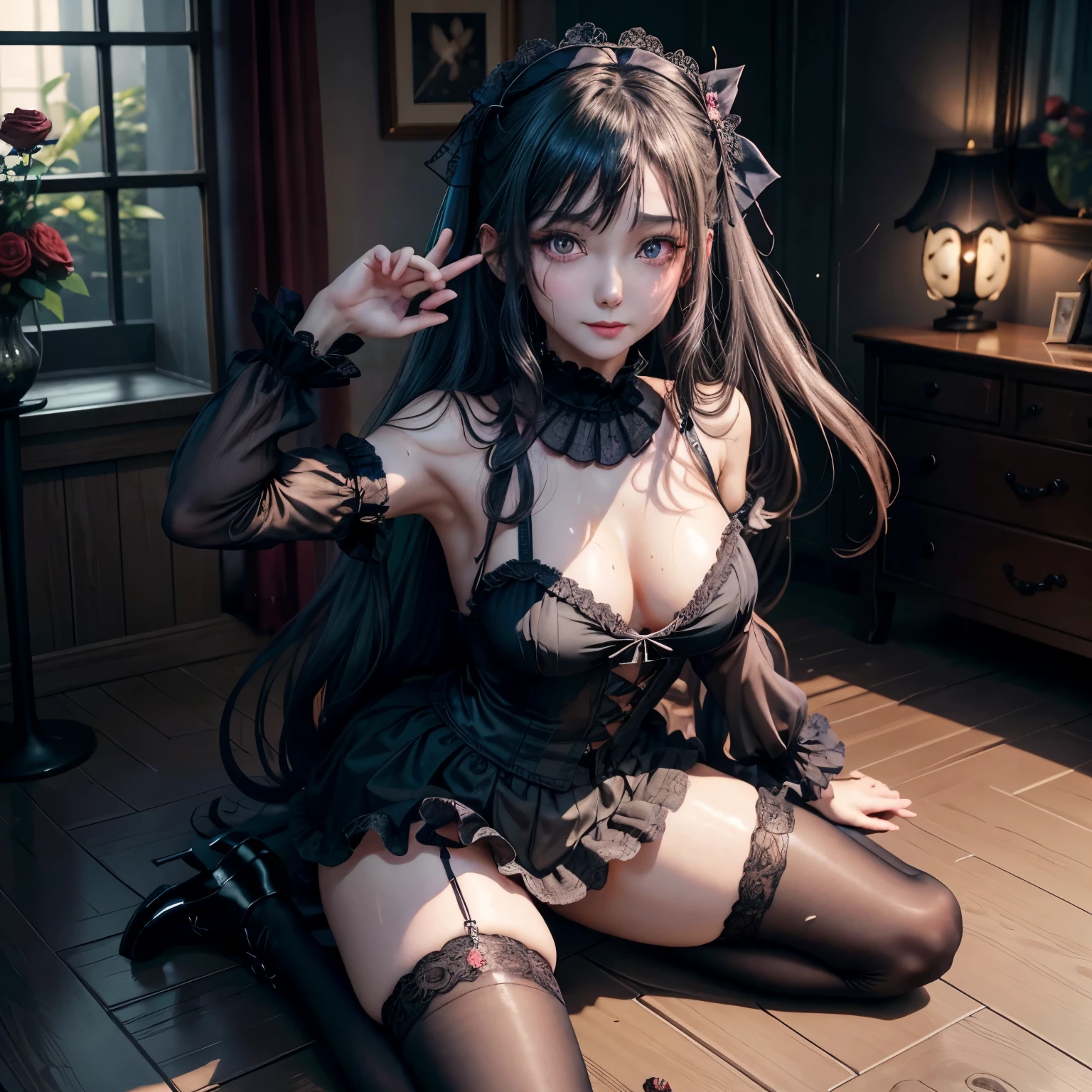 ハードdark gothicメイク、Insanity、deep night sky、horror、black dark eyeshadow、cry、grieve、good skin shine、dark gothicメイク、dark smile、Restless Palace、fragrant beauty、22 years old、lure、expression of intense sexual pleasure、A look of shame、dark gothic、lewd expression、muste piece、best quality、Refers to 5 books、Expression of sexual pleasure in suffering、drunk face、purple maid outfit、mysterious、Noble、A face that is holding back the toilet、Super sexy、loving smile、twin tail hair、jet black ruffle skirt、right blue eye, left eye is red、Gothic bed covered with roses、Super bewitching pose、stick out your butt、platform heel shoes、dark makeup、black lipstick、Stained glass、black metal world、open your legs sloppily、make the world beautiful、sit on a bed of roses、gothic ta clothes、comb your hair、A little slender、silver hair、long hair straight hair、cute gothic loliress、beautiful face、face of elegance、bewitching face、knee high socks、Stained glassが背景、My chest is shiny from a lot of sweat、the room is dark、goth long dress、bell sleeve、wizard sleeve、decadent look、sexually excited look、part hair、Ritual、gothic ritual、Glossy thighs wet with water、Thighs wet and shiny with oil、Background of a room filled with roses、sad expression、Rozen Maiden、embroidery is pink、Clothes are embroidered pink、thigh high socks、kneel down、put your knees on the floor、knee high socks、It shines due to the considerable amount of sweat on my thighs.、kneel down、body is wet and shiny、Lots of glitter on the thighs、i am sweating a lot、A lot of sweat and stickiness on the thighs、Sweat glistening on your thighy whole body is shiny with sweat、pretty sweaty、My thighs are sweaty、my thighs are so wet、My thighs are shiny from a lot of sweat、A lot of sweat shines all over the body、kneel up、Right arm to crotch、、open your legs wide、slender body、Gentle expression、is masturbating、deep black eyeshadow、lewd act、Stained glassと薔薇背景、エレキplay the guitar、play the guitar、wearing black underwear、have a guitar、