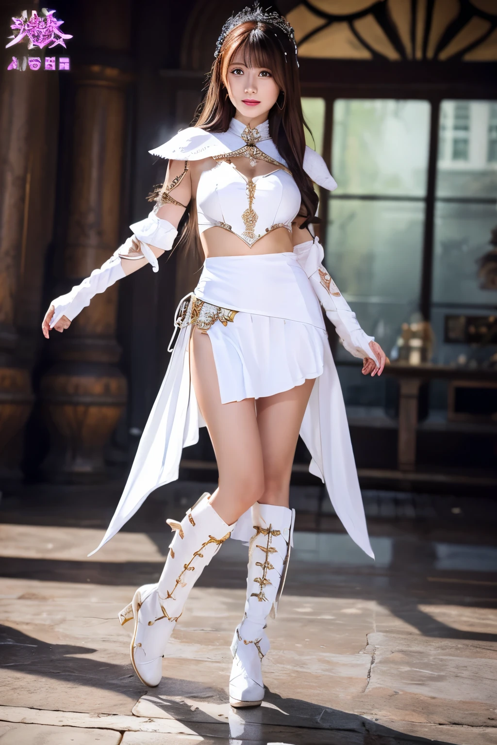 real, whole body,fantasy female warrior, white costume, mini skirt, medium long hair, 40beautiful mature woman,