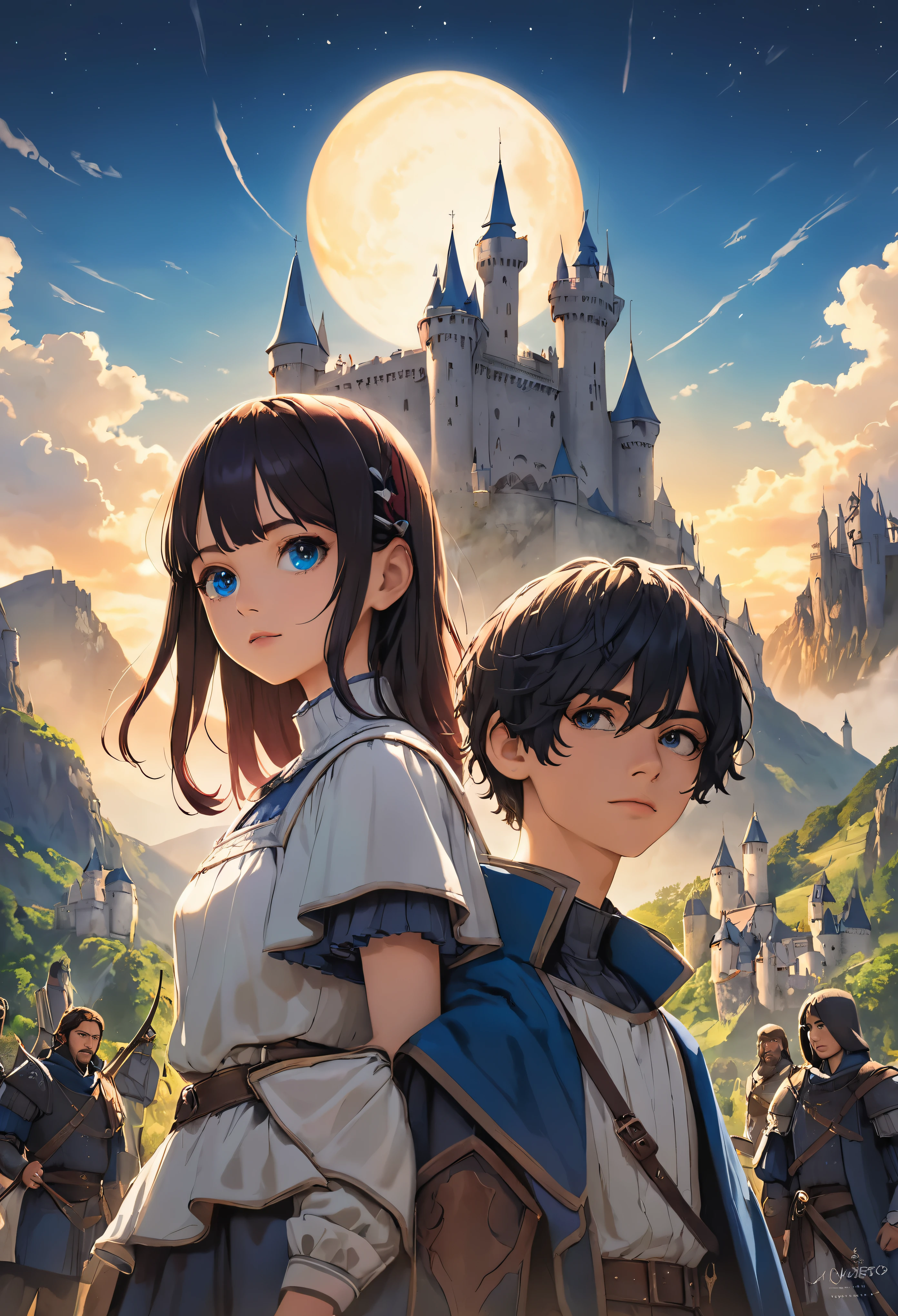 movie poster, mujer joven con largo cabello ????? y blue eyes al centro de la imagen. On one side is a young man with black hair, blue eyes. In the background is a medieval castle surrounded by several mountains. There are a few rays of sunlight at the top of the image