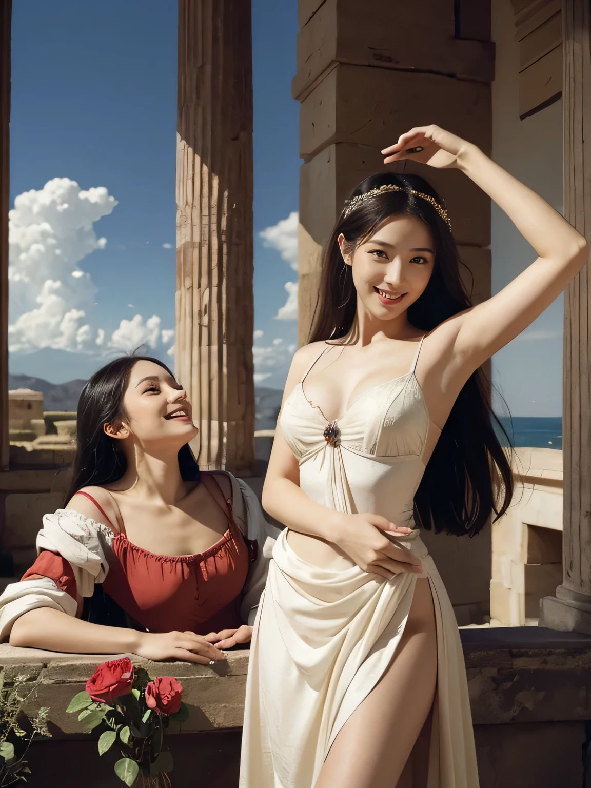 Giorgione painting style,Arguments of two female Philosophe,math、astronomical machine、astronaut、roses in vase、fruits、Cute trinkets、smile、ancient greek costume、Ancient Roman landscape in the style of Nicolas Poussin,laughter,,Sweet and seductive appearance.、Caravaggio's paintings、Chiaroscuro of Caravaggio、hair tousled by the wind,Two women frolicking,cute smile, expression of ecstasy,Sexy,erotic