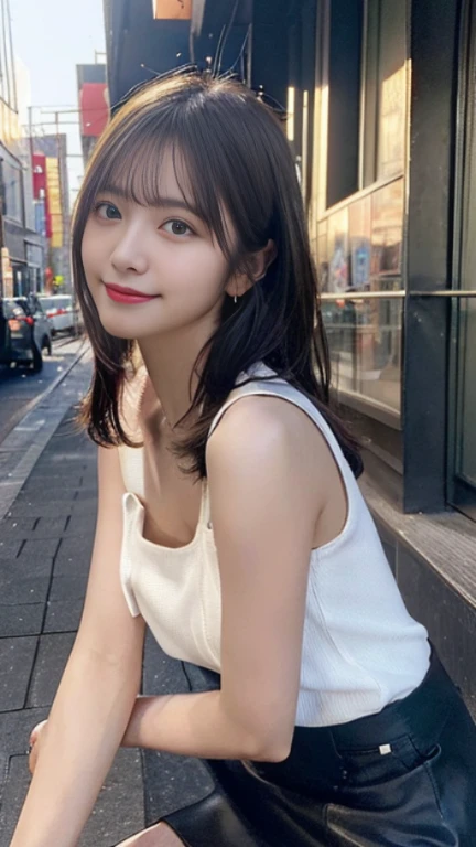 (highest quality,masterpiece:1.3,ultra high resolution),(Super detailed,caustics,8K),(realistic:1.4,RAW shooting),1 girl,(smile and look down at the camera),(front shot:1.1),(look forward),25 years old,cute,Japanese,glamorous,(small tits),( close),(chest focus),street,sunlight,Natural light,(Backlight),(A bright light shines from behind),(Lens flare),professional writing,(cowboy shot),(low position:1.3),(Low - Angle:1.3),mini skirt,trendy fashion,full body shot,natural makeup,no makeup