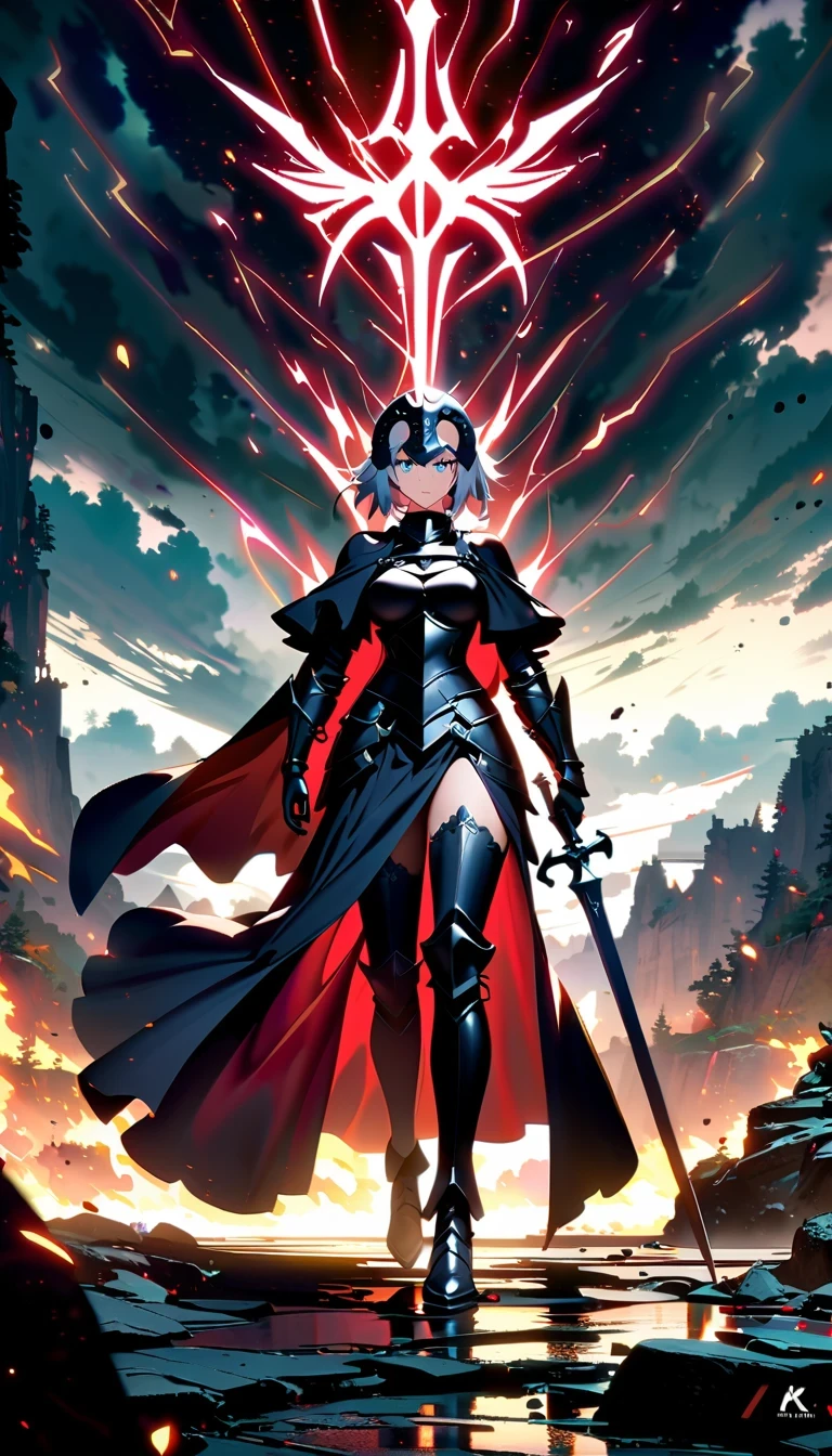whole body，Epic anime style female warrior贞德阿尔特（Joan of Arc）, With a sword and a cloak, standing in front of a cloudy sky, Inspired by history and mythology, badass anime elements, The art of self-destruction, from《night ark》narration, With professional lighting technology, 8K resolution, The concept of the grand order of destiny, Best Anime Epic Artwork, 4k konachan wallpaper, anime fantasy, Immortal knight wearing black armor, dramatic atmosphere