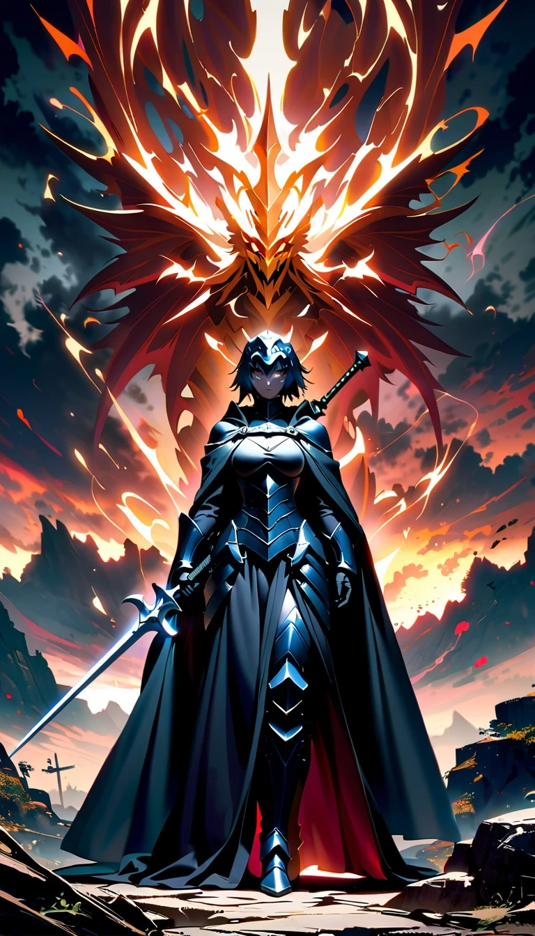 whole body，Epic anime style female warrior贞德阿尔特（Joan of Arc）, With a sword and a cloak, standing in front of a cloudy sky, Inspired by history and mythology, badass anime elements, The art of self-destruction, from《night ark》narration, With professional lighting technology, 8K resolution, The concept of the grand order of destiny, Best Anime Epic Artwork, 4k konachan wallpaper, anime fantasy, Immortal knight wearing black armor, dramatic atmosphere