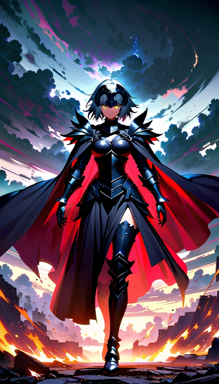 whole body，Epic anime style female warrior贞德阿尔特（Joan of Arc）, With a sword and a cloak, standing in front of a cloudy sky, Inspired by history and mythology, badass anime elements, The art of self-destruction, from《night ark》narration, With professional lighting technology, 8K resolution, The concept of the grand order of destiny, Best Anime Epic Artwork, 4k konachan wallpaper, anime fantasy, Immortal knight wearing black armor, dramatic atmosphere