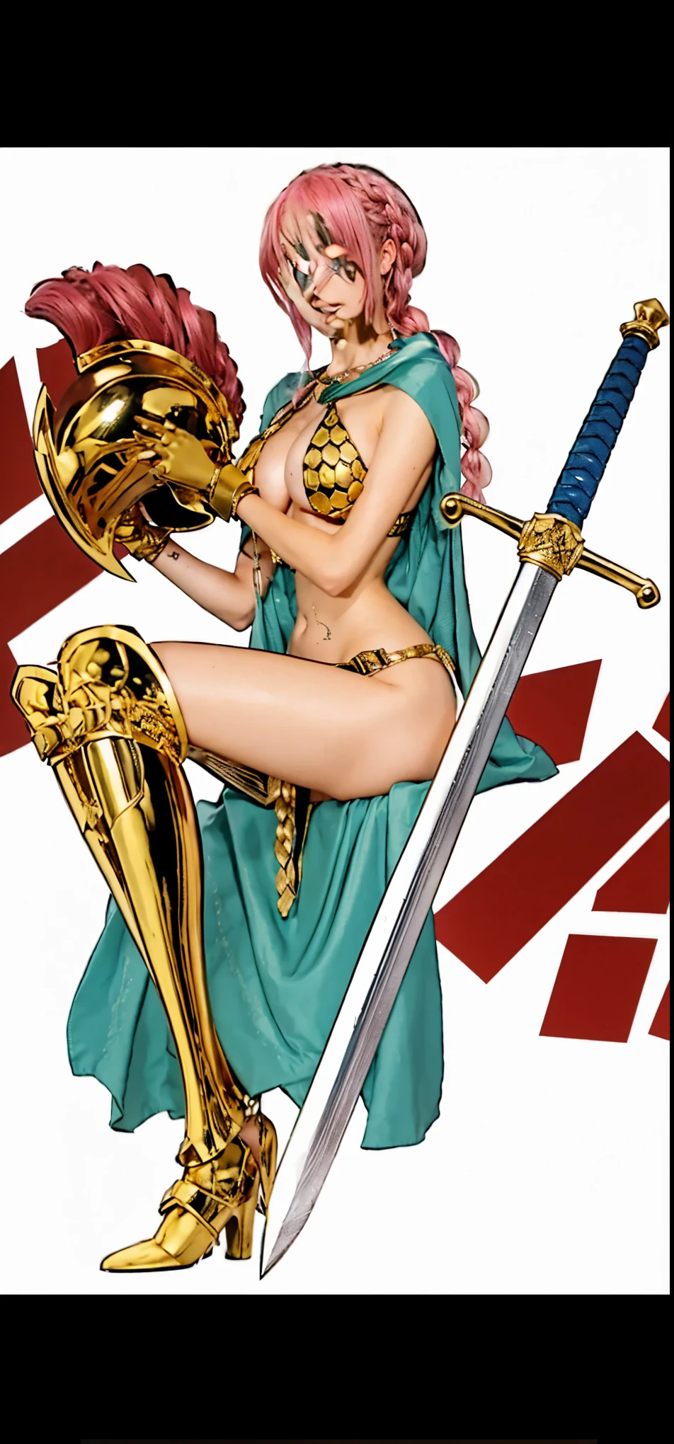 realistic, beautiful,girl,pink hair,gold armor,brown eyes,braided hair, sword, green robe, armor helmet, y, hot, bigecklace, navel, sweaty ,rebecca one piece