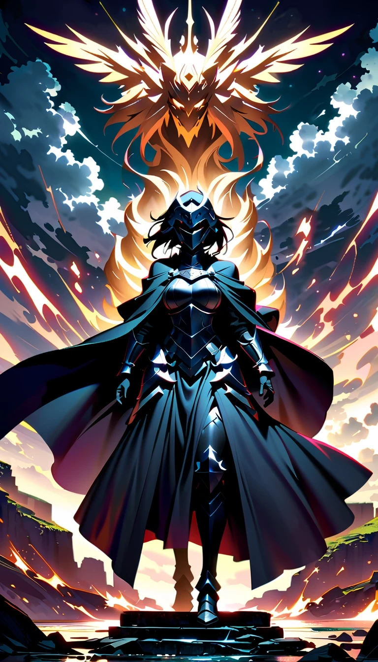 whole body，Epic anime style female warrior贞德阿尔特（Joan of Arc）, With a sword and a cloak, standing in front of a cloudy sky, Inspired by history and mythology, badass anime elements, The art of self-destruction, from《night ark》narration, With professional lighting technology, 8K resolution, The concept of the grand order of destiny, Best Anime Epic Artwork, 4k konachan wallpaper, anime fantasy, Immortal knight wearing black armor, dramatic atmosphere