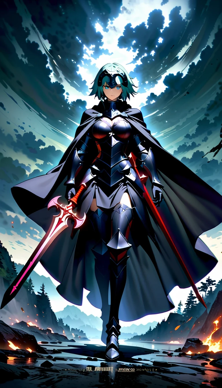 whole body，Epic anime style female warrior贞德阿尔特（Joan of Arc）, With a sword and a cloak, standing in front of a cloudy sky, Inspired by history and mythology, badass anime elements, The art of self-destruction, from《night ark》narration, With professional lighting technology, 8K resolution, The concept of the grand order of destiny, Best Anime Epic Artwork, 4k konachan wallpaper, anime fantasy, Immortal knight wearing black armor, dramatic atmosphere