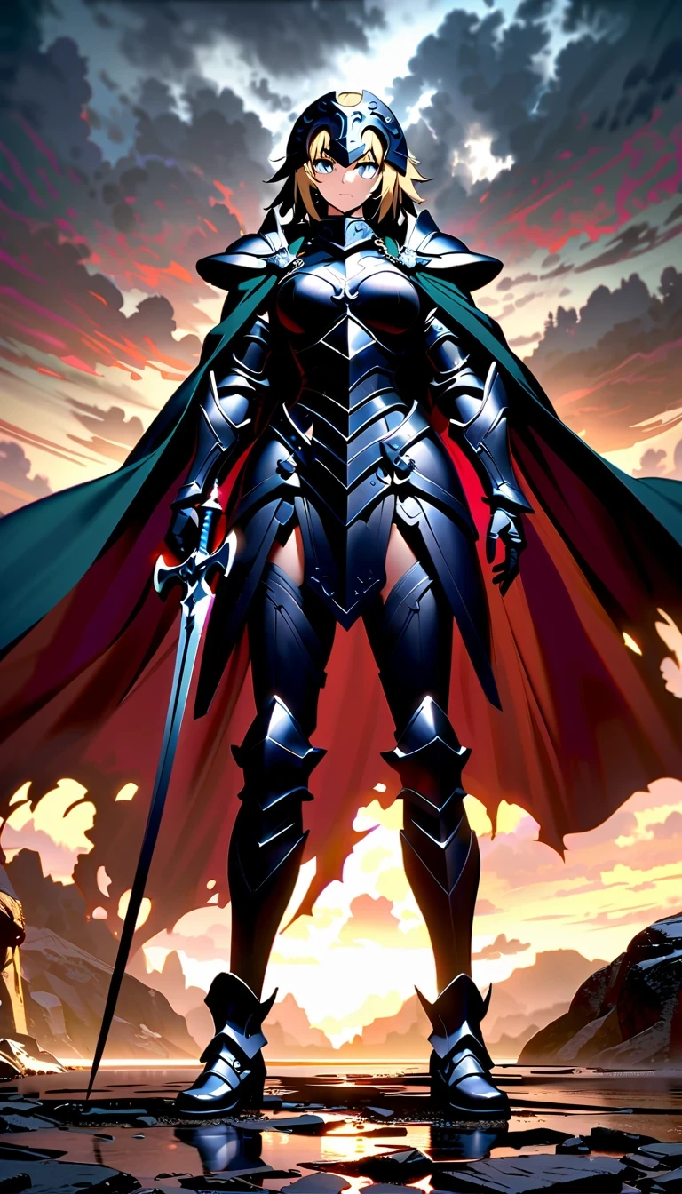 whole body,Epic anime style female warrior贞德阿尔特(Joan of Arc), With a sword and a cloak, standing in front of a cloudy sky, Inspired by history and mythology, badass anime elements, The art of self-destruction, from《night ark》narration, With professional lighting technology, 8K resolution, The concept of the grand order of destiny, Best Anime Epic Artwork, 4k konachan wallpaper, anime fantasy, Immortal knight wearing black armor, dramatic atmosphere