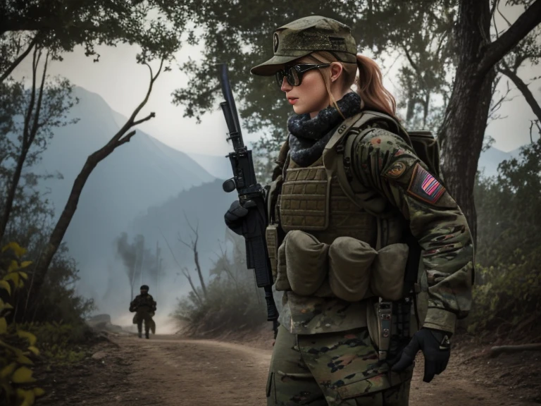 Sexy, , american soldier, plate carrier, gun, M4A1 rifle, baseball cap,  black, many pockets, long hair sticking out the back of baseball cap,  strong arms, in battle,, Tinted combat sunglasses, scarf, Combat gloves, ponytail, two girls, jungle background, HD, 8K, at night, Holographic sight, look through scope,combat boots, have fun, gun on sling, gun on chest, Nature , have fun,