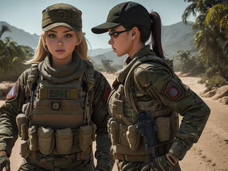 Sexy, , american soldier, plate carrier, gun, M4A1 rifle, baseball cap,  black, many pockets, long hair sticking out the back of baseball cap,  strong arms, in battle,, Tinted combat sunglasses, scarf, Combat gloves, ponytail, two girls, jungle background, HD, 8K, at night, Holographic sight, look through scope,combat boots, have fun, gun on sling, gun on chest, Nature , have fun,