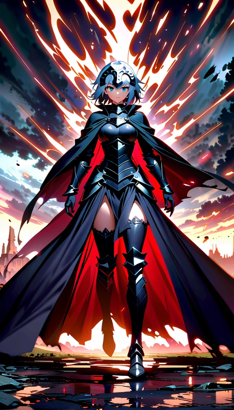 whole body，Epic anime style female warrior贞德阿尔特（Joan of Arc）, With a sword and a cloak, standing in front of a cloudy sky, Inspired by history and mythology, badass anime elements, The art of self-destruction, from《night ark》narration, With professional lighting technology, 8K resolution, The concept of the grand order of destiny, Best Anime Epic Artwork, 4k konachan wallpaper, anime fantasy, Immortal knight wearing black armor, dramatic atmosphere