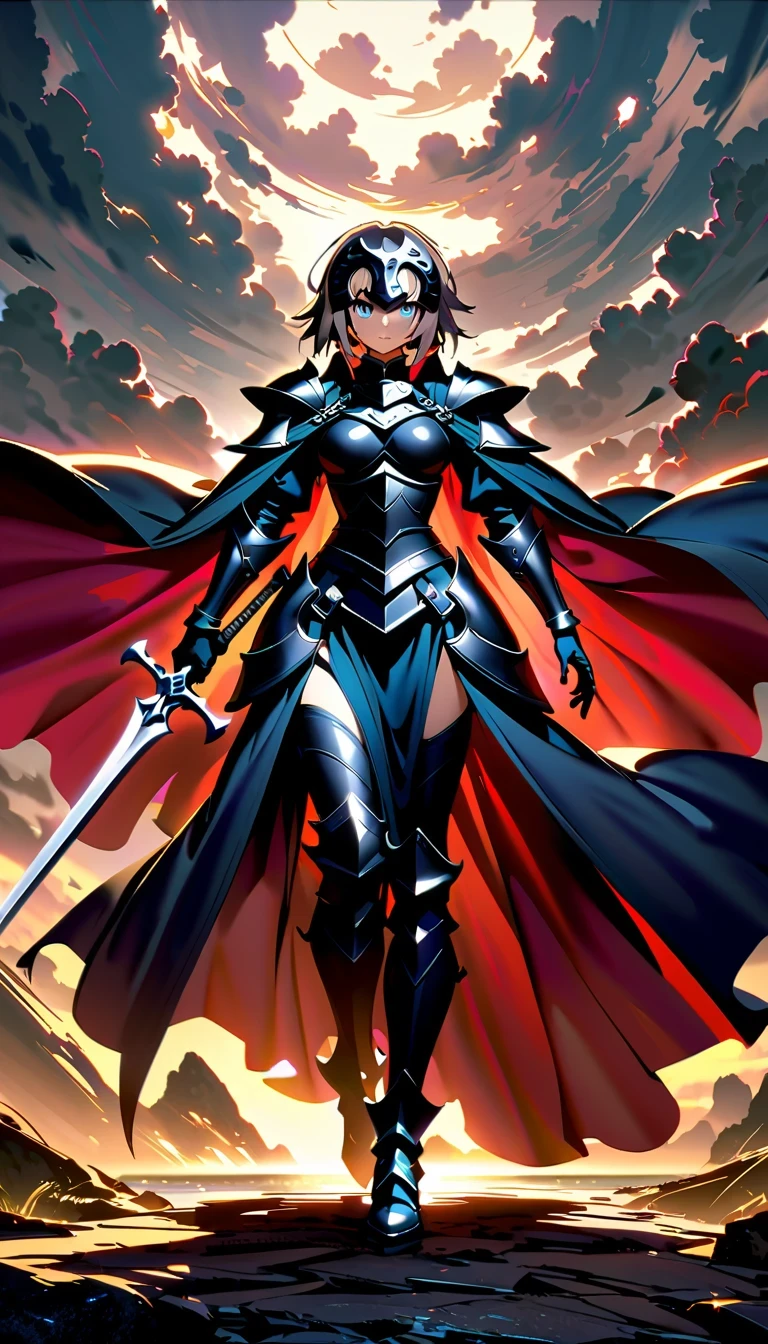 whole body，Epic anime style female warrior贞德阿尔特（Joan of Arc）, With a sword and a cloak, standing in front of a cloudy sky, Inspired by history and mythology, badass anime elements, The art of self-destruction, from《night ark》narration, With professional lighting technology, 8K resolution, The concept of the grand order of destiny, Best Anime Epic Artwork, 4k konachan wallpaper, anime fantasy, Immortal knight wearing black armor, dramatic atmosphere