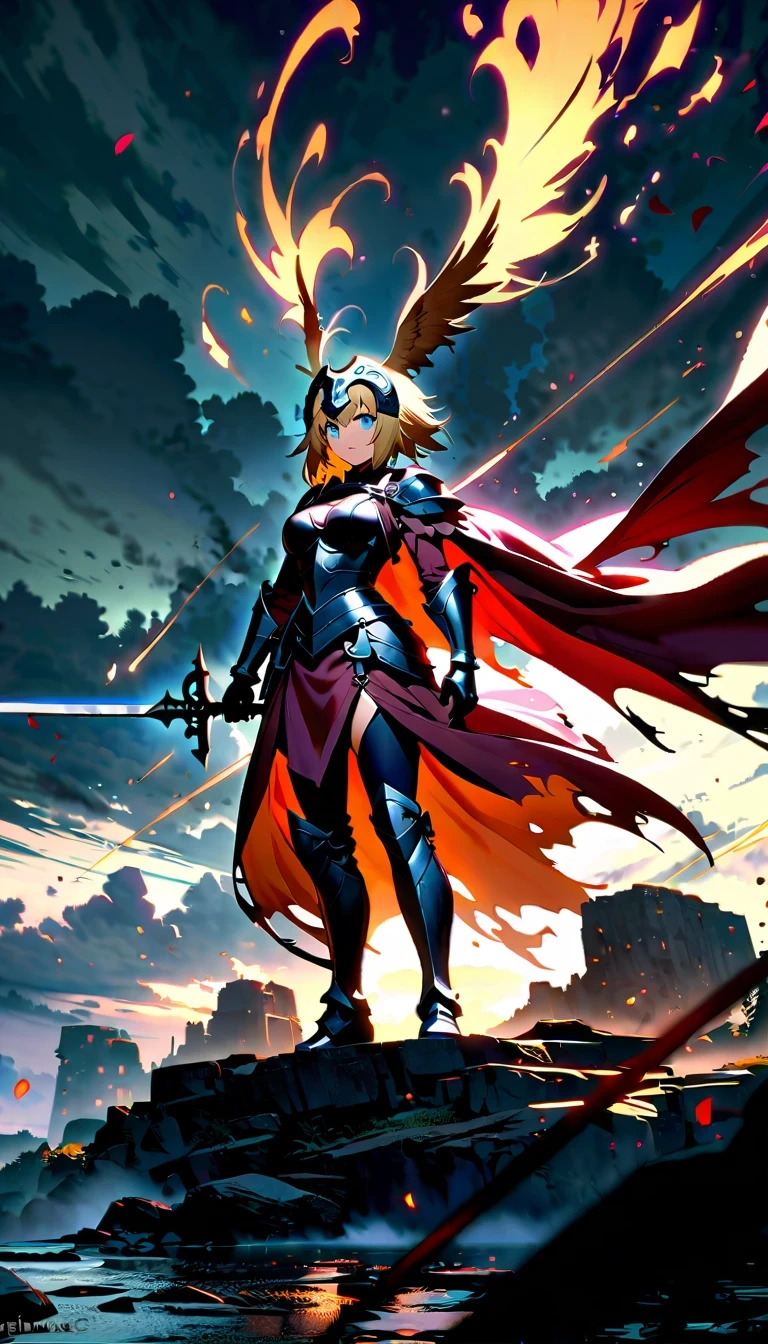 whole body,Epic anime style female warrior贞德阿尔特(Joan of Arc), With a sword and a cloak, standing in front of a cloudy sky, Inspired by history and mythology, badass anime elements, The art of self-destruction, from《night ark》narration, With professional lighting technology, 8K resolution, The concept of the grand order of destiny, Best Anime Epic Artwork, 4k konachan wallpaper, anime fantasy, Immortal knight wearing black armor, dramatic atmosphere