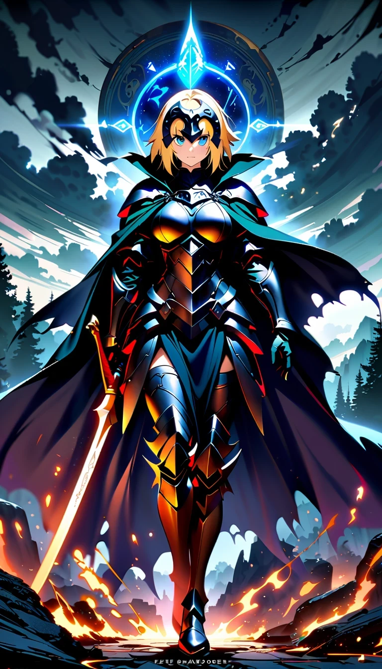whole body，Epic anime style female warrior贞德阿尔特（Joan of Arc）, With a sword and a cloak, standing in front of a cloudy sky, Inspired by history and mythology, badass anime elements, The art of self-destruction, from《night ark》narration, With professional lighting technology, 8K resolution, The concept of the grand order of destiny, Best Anime Epic Artwork, 4k konachan wallpaper, anime fantasy, Immortal knight wearing black armor, dramatic atmosphere