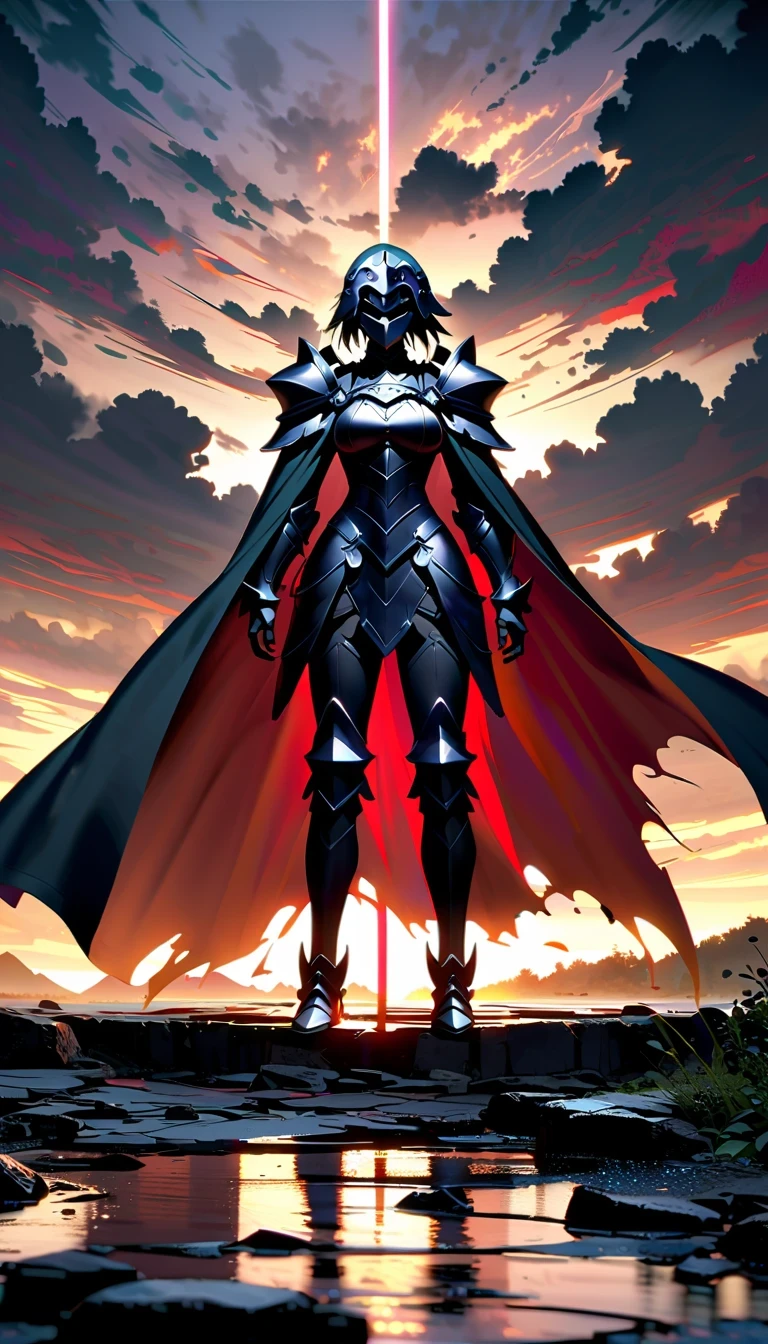 whole body，Epic anime style female warrior贞德阿尔特（Joan of Arc）, With a sword and a cloak, standing in front of a cloudy sky, Inspired by history and mythology, badass anime elements, The art of self-destruction, from《night ark》narration, With professional lighting technology, 8K resolution, The concept of the grand order of destiny, Best Anime Epic Artwork, 4k konachan wallpaper, anime fantasy, Immortal knight wearing black armor, dramatic atmosphere