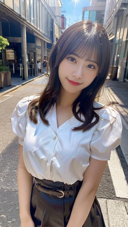 (highest quality,masterpiece:1.3,ultra high resolution),(Super detailed,caustics,8K),(realistic:1.4,RAW shooting),1 girl,(smile and look down at the camera),(front shot:1.1),(look forward),28 years old,cute,Japanese,glamorous,(small tits),( close),(chest focus),street,sunlight,Natural light,(Backlight),(A bright light shines from behind),(Lens flare),professional writing,(cowboy shot),(Low - Angle:1.3),mini skirt,trendy fashion,full body shot,natural makeup,no makeup