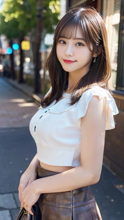 (highest quality,masterpiece:1.3,ultra high resolution),(Super detailed,caustics,8K),(realistic:1.4,RAW shooting),1 girl,(smile and look down at the camera),(front shot:1.1),(look forward),28 years old,cute,Japanese,glamorous,(small tits),( close),(chest focus),street,sunlight,Natural light,(Backlight),(A bright light shines from behind),(Lens flare),professional writing,(cowboy shot),(Low - Angle:1.3),mini skirt,trendy fashion,full body shot,natural makeup,no makeup