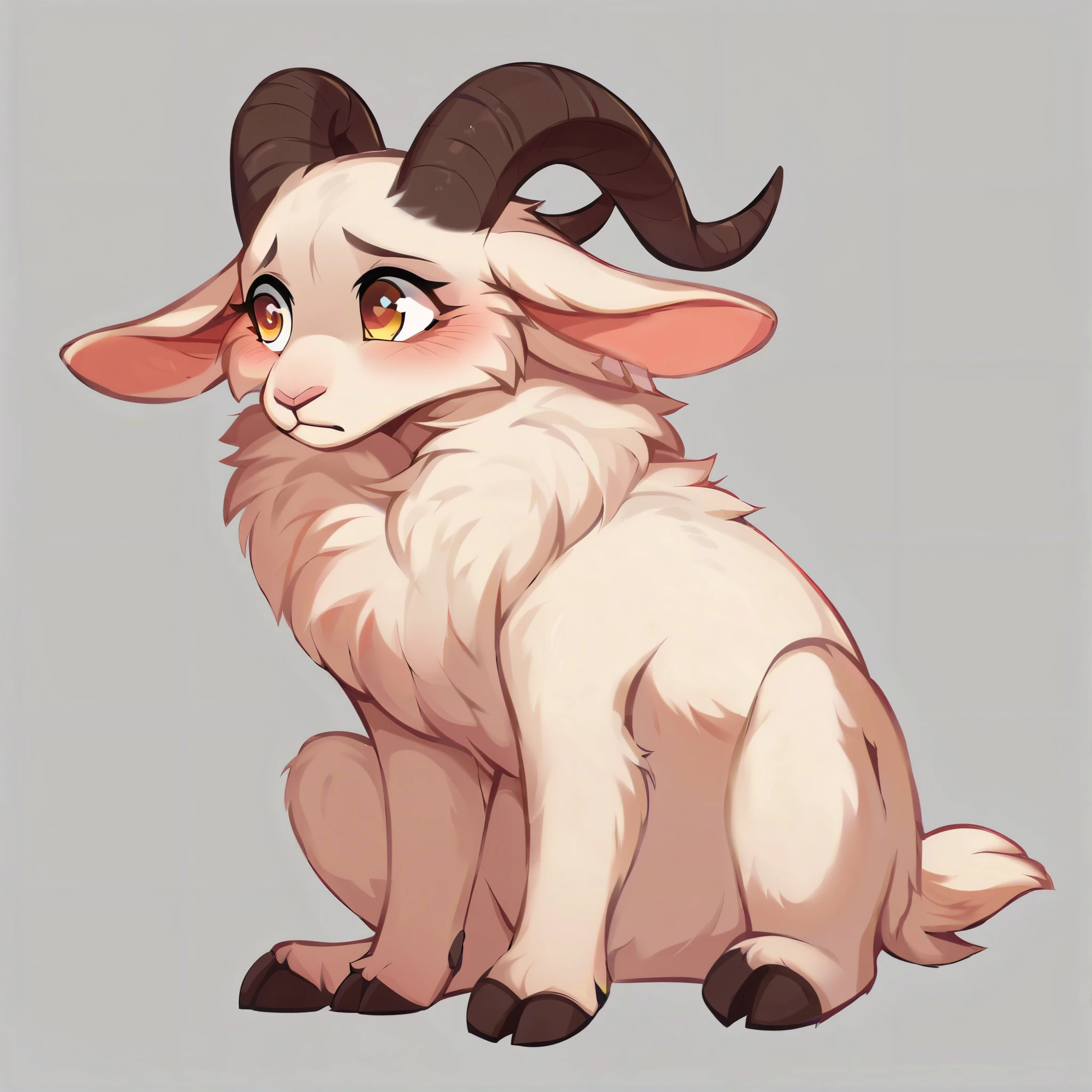 score_9, score_8_up, score_7_up, score_6_up, score_5_up, score_4_up, show accurate, full body, simple background,  feral goat, female goat, adorable face, goat horns, horizontal pupil, golden eyes, white fur, shy look, mane covering the neck,