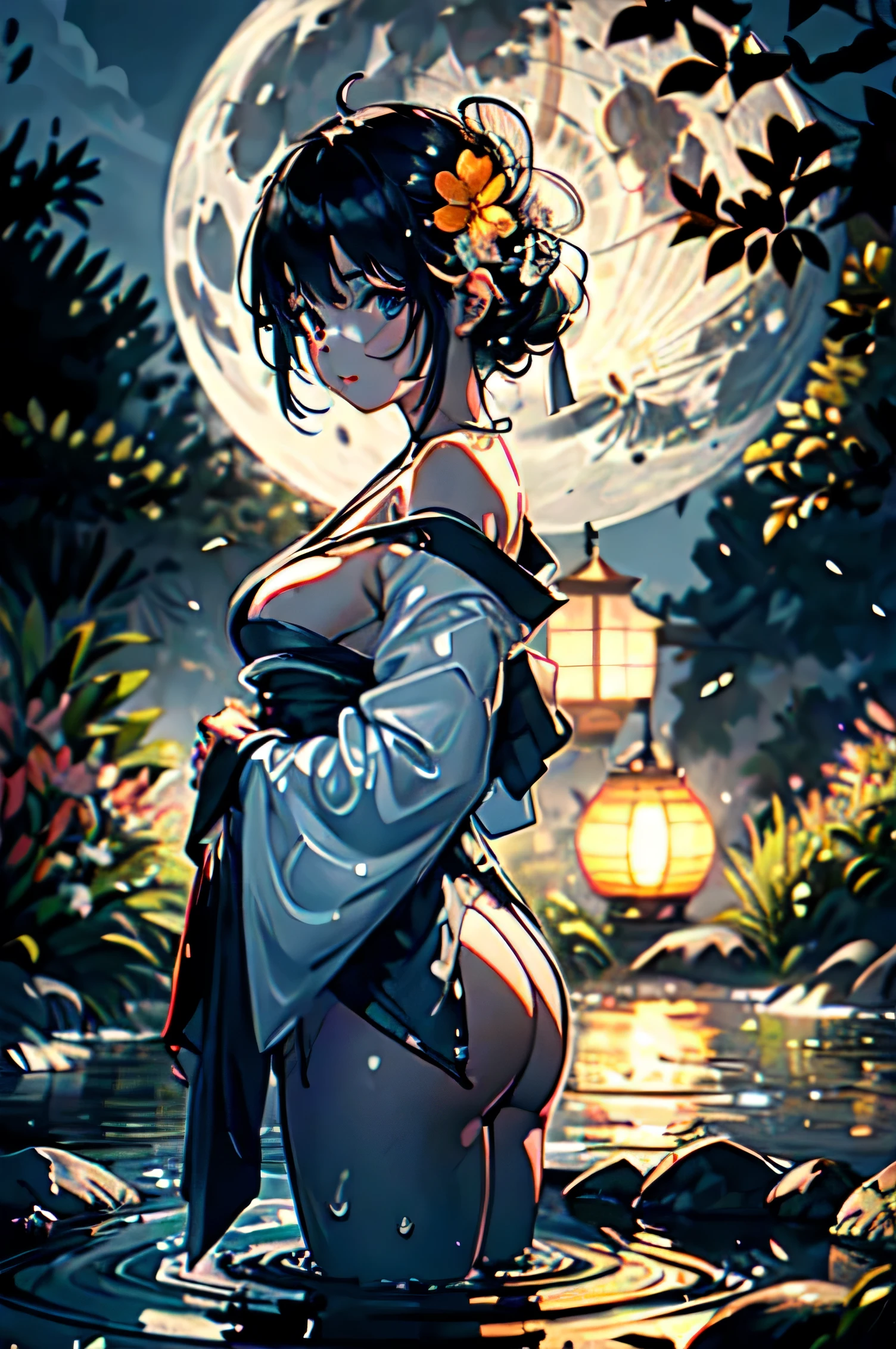 1girl, breasts, moon, lantern, night, solo, large breasts, hair ornament, wet, kimono, japanese clothes, wading, water, hair flower, flower, outdoors, sky, full moon, rain, black hair, off shoulder, mountain, cloud, holding, sash, bare shoulders, paper lantern, standing, white kimono, night sky, sideboob, obi, wet clothes, bangs, tree, from side, reflection, short hair, cloudy sky, wet hair (((masterpiece),(extremely detailed CG unity 8k wallpaper),best quality,,solo,1girl,cinematic lighting,detailed background,beautiful detailed eyes,bright pupils, (an extremely delicate and beautiful),(Beautiful and detailed eye description)， ultra-detailed,masterpiece,)) (NSFW)