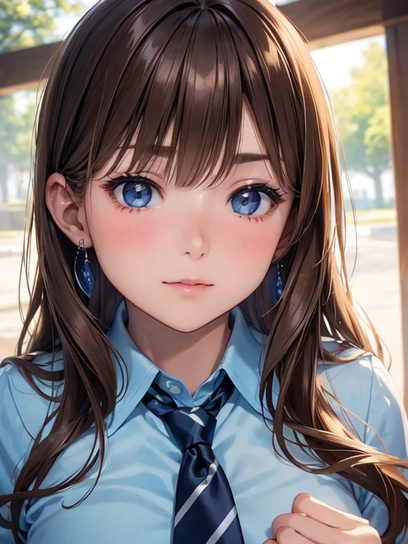 (table top:1.4, Photoreal:1.4, 8K), highest quality, masterpiece, ultra high resolution, perfect dynamic composition, big face、round face、((light brown hair:1.4、half up))、Highly detailed skin and facial textures:1.3, Detail of limbs, 1 girl, Cute sexy 22 year old Japanese , (tanned skin:1.2), tilt one's head, ((completely enchants you:0.9)), ((school uniform, light blue shirt, navy blue tie)),Medium chest, (look away、beautiful eyes, black eye, Eyes that feel beautiful eros:0.85), sexy face:0.4, (closed mouth、small mouth、thick lips、A taste of beautiful eroticism:0.85), ((Too cute beauty:0.9))、gal makeup、((extreme close up))