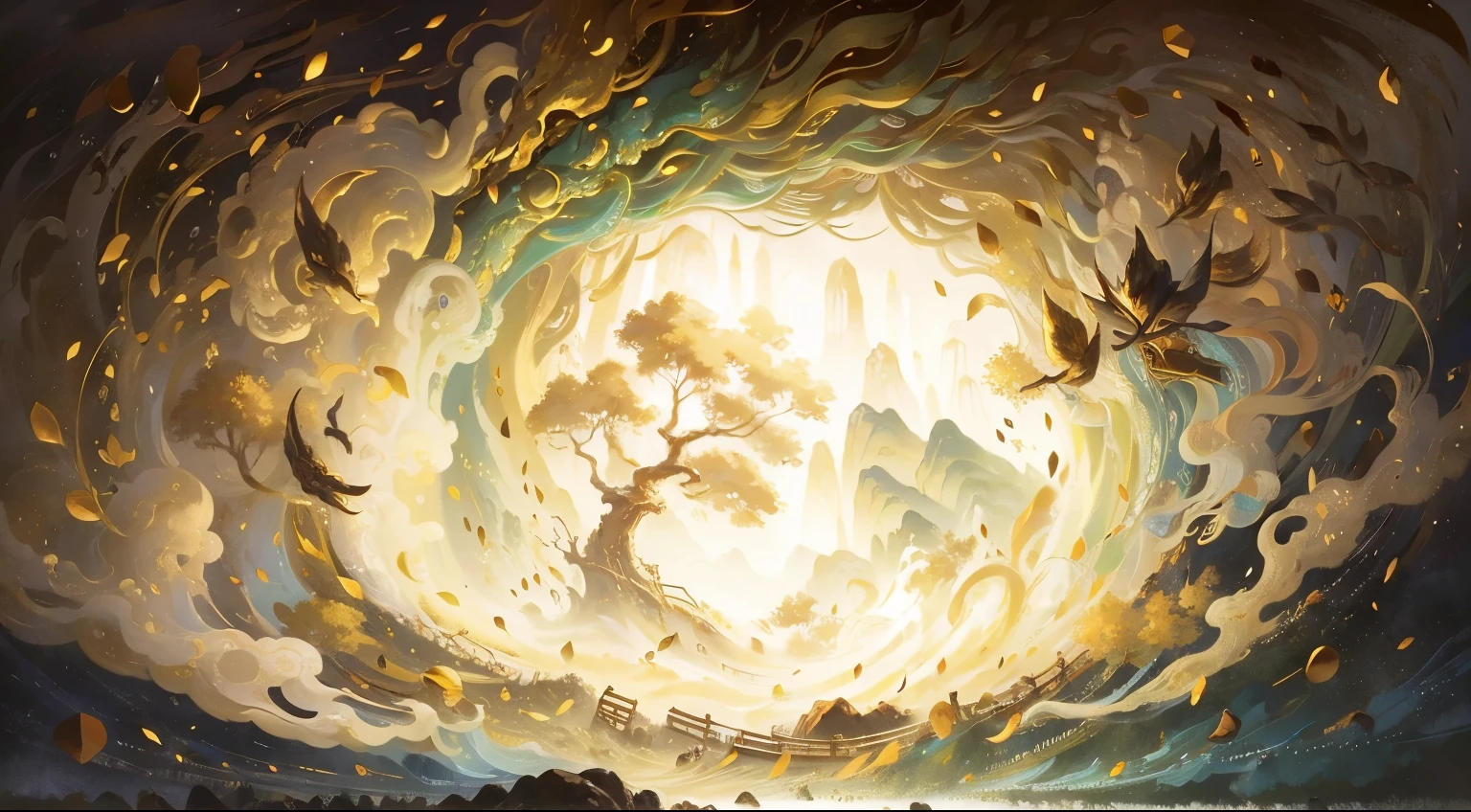 Golden Holy Tree, in the art style of Morbach, peter Morbach style, Morbach, peter mole c 2 0, peter mollartstyle, Golden clouds, golden ethereal light, peter 莫尔 highly detailed, author:Yang Jie, Amazing concept art