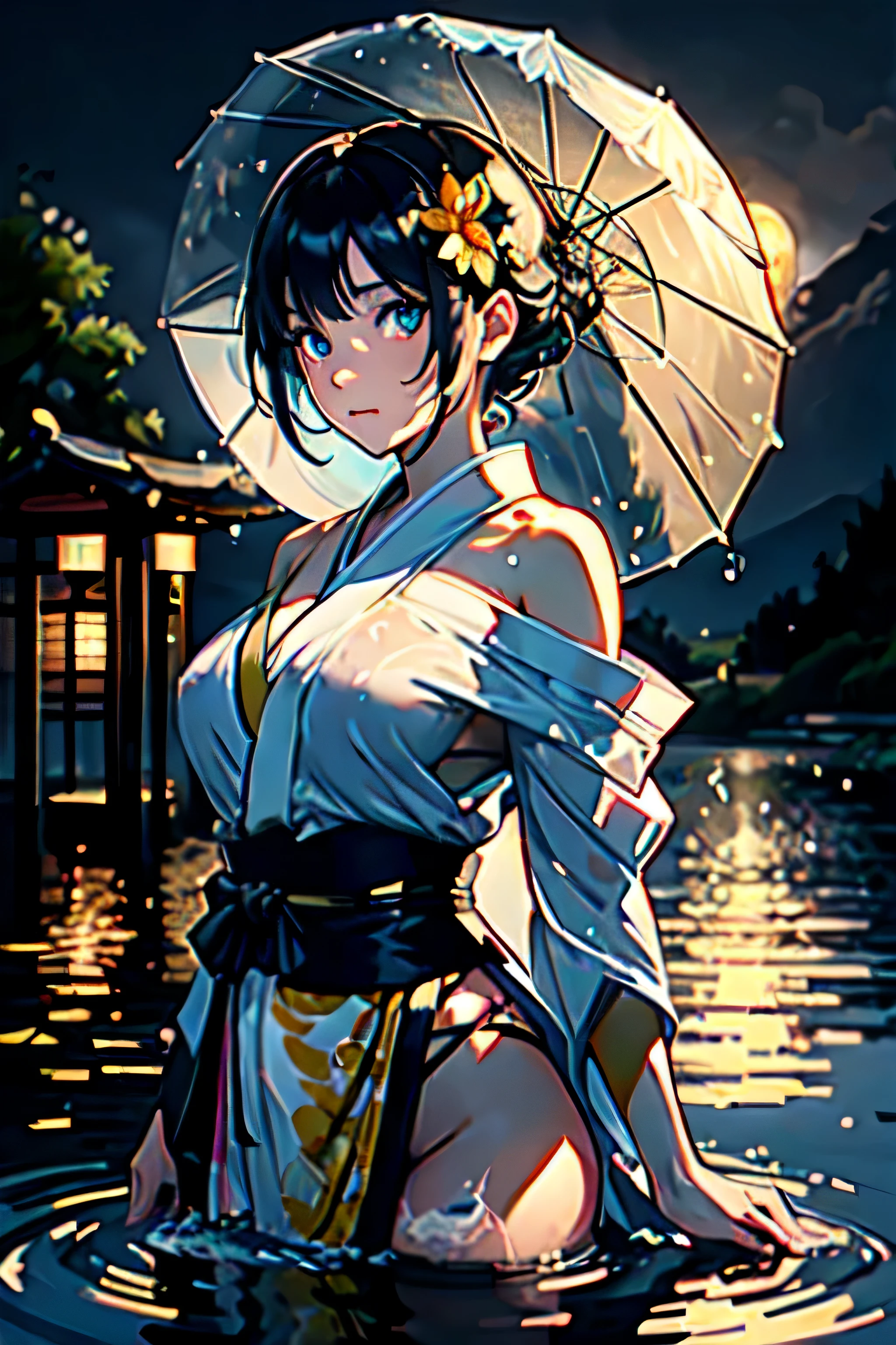1girl, breasts, moon, lantern, night, solo, large breasts, hair ornament, wet, kimono, japanese clothes, wading, water, hair flower, flower, outdoors, sky, full moon, rain, black hair, off shoulder, mountain, cloud, holding, sash, bare shoulders, paper lantern, standing, white kimono, night sky, sideboob, obi, wet clothes, bangs, tree, from side, reflection, short hair, cloudy sky, wet hair (((masterpiece),(extremely detailed CG unity 8k wallpaper),best quality,,solo,1girl,cinematic lighting,detailed background,beautiful detailed eyes,bright pupils, (an extremely delicate and beautiful),(Beautiful and detailed eye description), ultra-detailed,masterpiece,)) (NSFW)
